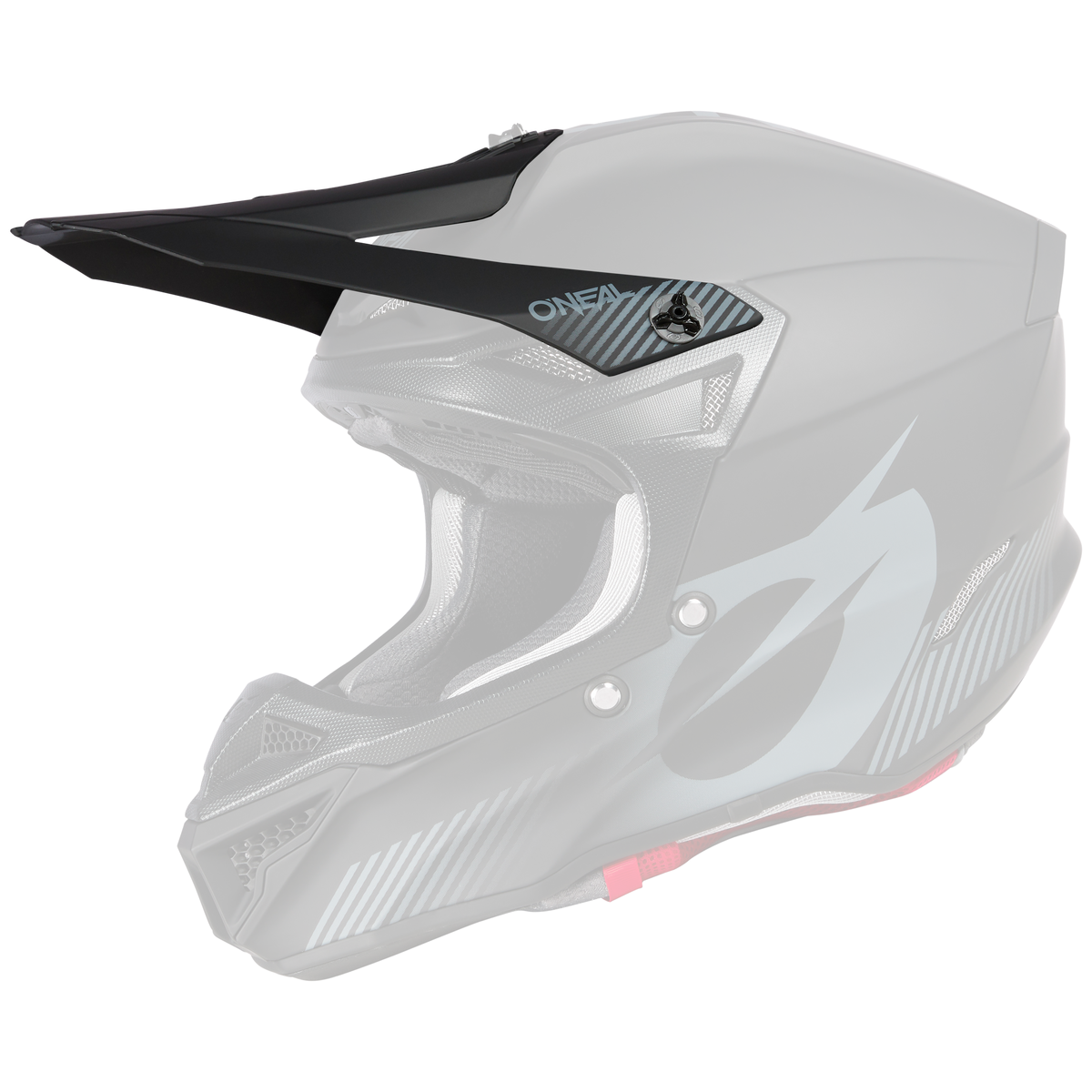 Der O'NEAL Visor 5SRS Polyacrylite Helm SOLID zeichnet sich durch ein mattschwarzes und graues Finish, ein kantiges Design, ein großes Visier, Belüftungsöffnungen und rote Kinnriemenakzente auf weißem Hintergrund aus.
