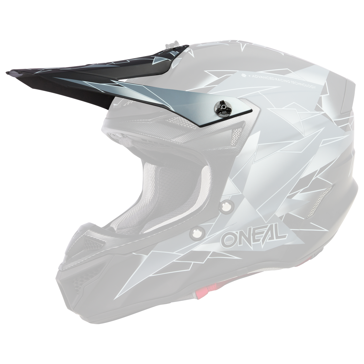 Der O'NEAL Visor 5SRS Polyacrylite Helmet SURGE ist ein schwarzer und grauer Motocross-Helm mit kantigen, geometrischen Motiven, Belüftungseinsätzen, einem Visier und dem O'NEAL-Logo an der Seite.