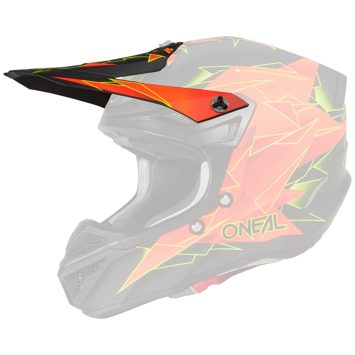 Der O'NEAL Visor 5SRS Polyacrylite Helmet SURGE ist ein Motocross-Vollvisierhelm mit schwarzer Basis und auffälligen geometrischen Motiven in Orange, Gelb und Grün. Der Markenname "O'NEAL" erscheint in Gelb an der Seite.