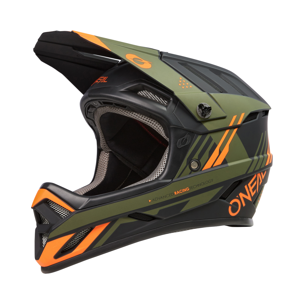 Der O'NEAL BACKFLIP Helm STRIKE ist ein mattgrüner Integralhelm mit schwarzen und orangefarbenen Akzenten, Belüftungsöffnungen, Visier und "O'NEAL"-Branding - perfekt für Motocross- oder Mountainbike-Fahrten.