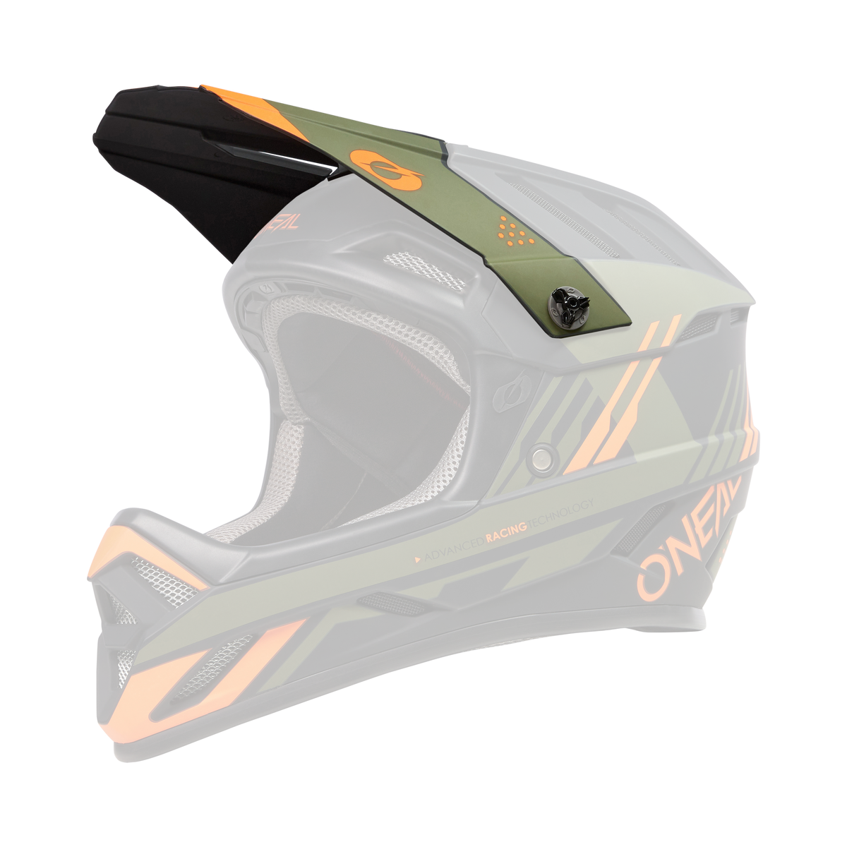 Der O'NEAL Visor BACKFLIP Helmet STRIKE ist ein Fullface-Motocross-Helm in mattem Schwarz und Olivgrün mit orangefarbenen Akzenten, einem Visier, Belüftungsöffnungen und dem O'NEAL-Logo in Orange an der Seite.
