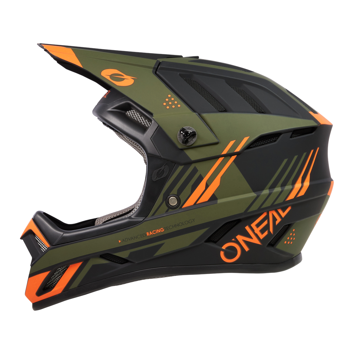 Der O'NEAL BACKFLIP Helm STRIKE ist ein mattgrüner und schwarzer Fullface-MTB-Helm mit orangefarbenen Akzenten, auffälligem Branding, einem Visier und Belüftungslöchern, der Komfort und Stil beim Mountainbiken bietet.