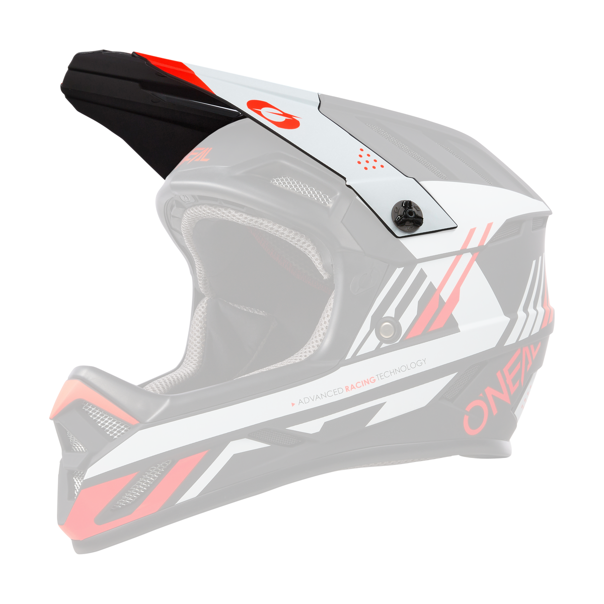 Der O'NEAL Visor BACKFLIP Helmet STRIKE ist ein schwarzer, weiĆer und roter Vollvisier-Motocross-Helm mit einem Visier, das ein auffƤlliges geometrisches Muster und den O'NEAL"-Schriftzug an der Seite aufweist, der im Profil auf einem schwarzen Hintergrund zu sehen ist.