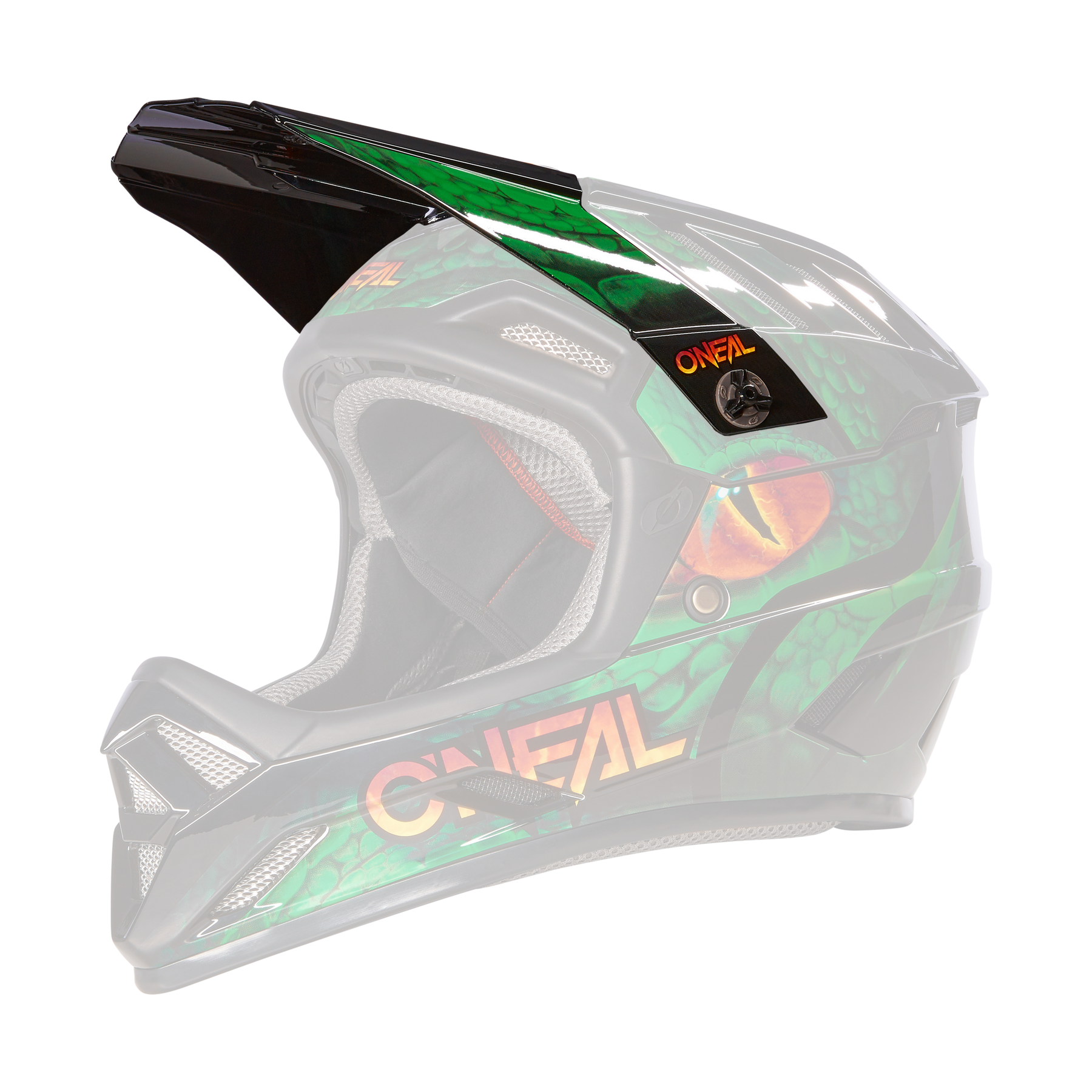 Der O'NEAL Visor BACKFLIP Helmet VIPER ist ein Fullface-Motocross-Helm mit grünem Reptilienhautmuster, einer orange-gelben Reptilienaugen-Grafik und dem O'NEAL-Logo an der Seite.