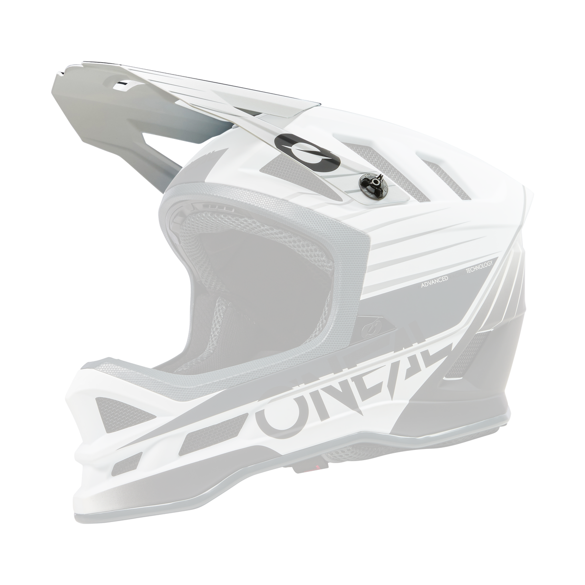 Der O'NEAL Visor BLADE Polyacrylite Helm DELTA ist ein weiß-schwarzer Fullface-Motocross-Helm mit Visier, Belüftungsöffnungen und geometrischer Grafik, die den O'NEAL-Markennamen an der Seite trägt.