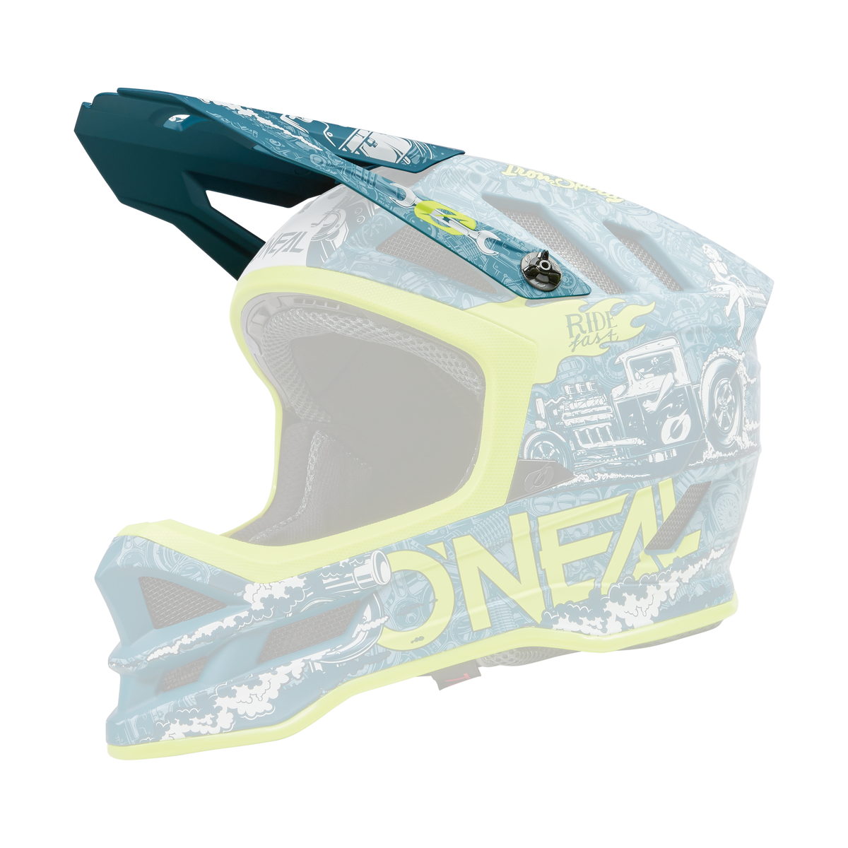 Der O'NEAL Visor BLADE Polyacrylite Helmet HR ist ein Vollvisier-Motocross-Helm in den Farben Petrol und Gelb mit Fahrzeuggrafiken und einem auffälligen gelben "O'NEAL"-Schriftzug an der Seite auf schwarzem Hintergrund.