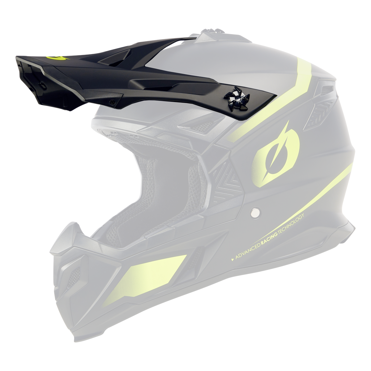 Der O'NEAL Visor C-SRS Helmet SOLID von O'NEAL ist ein schwarzer Motocross-Helm mit leuchtend gelben geometrischen Akzenten, auffälligen Grafiken, einem Visier und Belüftungselementen, dargestellt von der Seite auf schwarzem Hintergrund.