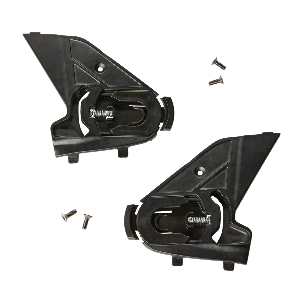 Zwei schwarze O'NEAL CHALLENGER Ersatz-Seitenschilder mit sichtbaren Metallfedern und vier silbernen Schrauben, alles auf einem schlichten schwarzen Hintergrund.
