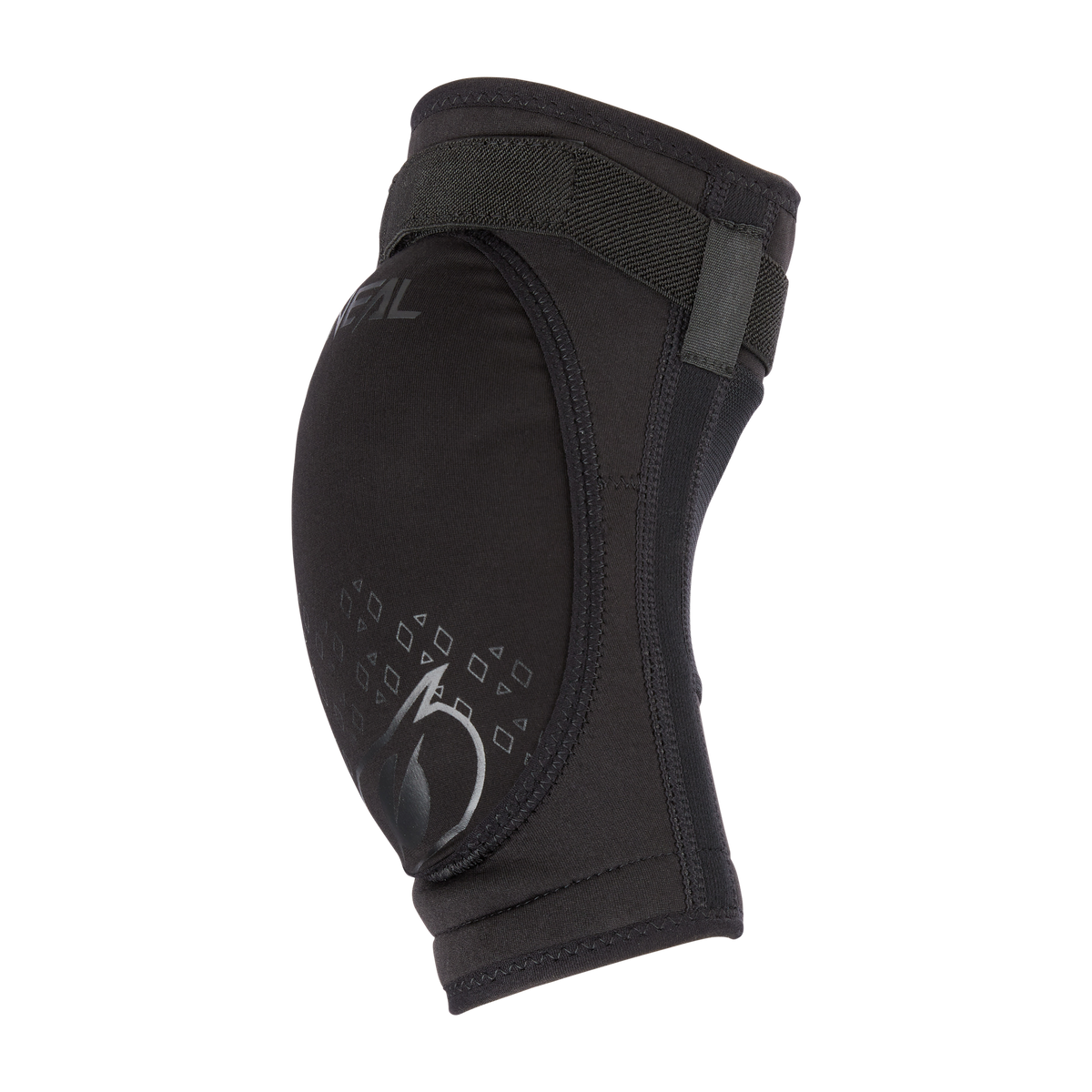 Schwarzer gepolsterter Knieschoner mit Klettverschluss und geometrischem Muster auf der Vorderseite. Dieser Protektor lässt sich perfekt mit dem O'NEAL DIRT Ellbogenschützer kombinieren, um einen vollständigen Sport- oder Schutzschutz zu gewährleisten.