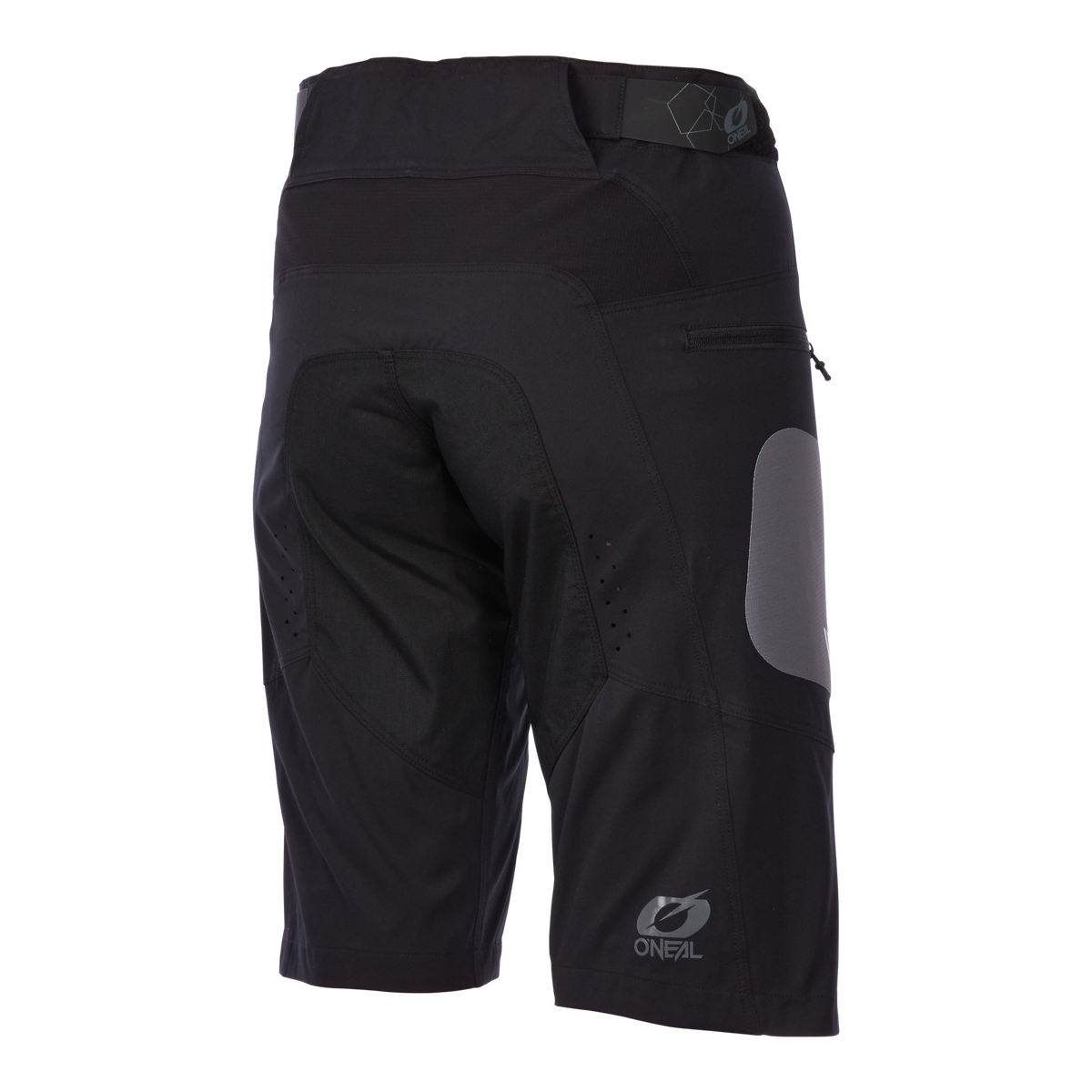 Die O'NEAL ELEMENT FR Women's Shorts HYBRID, von hinten gesehen, hat eine Reißverschlusstasche, einen verstärkten Sitzbereich, Belüftungslöcher und einen grauen Seitenaufnäher.