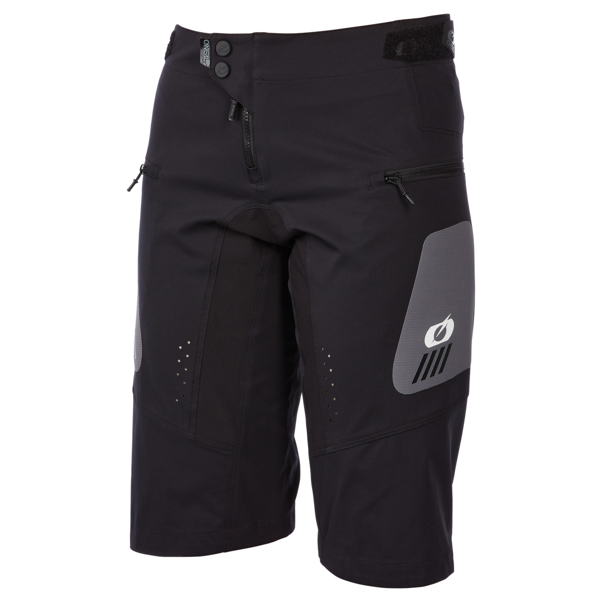 O'NEAL ELEMENT FR Damen Shorts HYBRID: Schwarze knielange MTB-Shorts mit Reißverschlusstaschen, grauen Oberschenkel-Einsätzen, kleinem weißen O'NEAL-Logo auf dem linken Bein, Knopf und Reißverschluss vorne und verstellbarem Bund. Entwickelt für Komfort und Leistung.