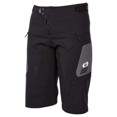 O'NEAL ELEMENT FR Damen Shorts HYBRID: Schwarze knielange MTB-Shorts mit Reißverschlusstaschen, grauen Oberschenkel-Einsätzen, kleinem weißen O'NEAL-Logo auf dem linken Bein, Knopf und Reißverschluss vorne und verstellbarem Bund. Entwickelt für Komfort und Leistung.