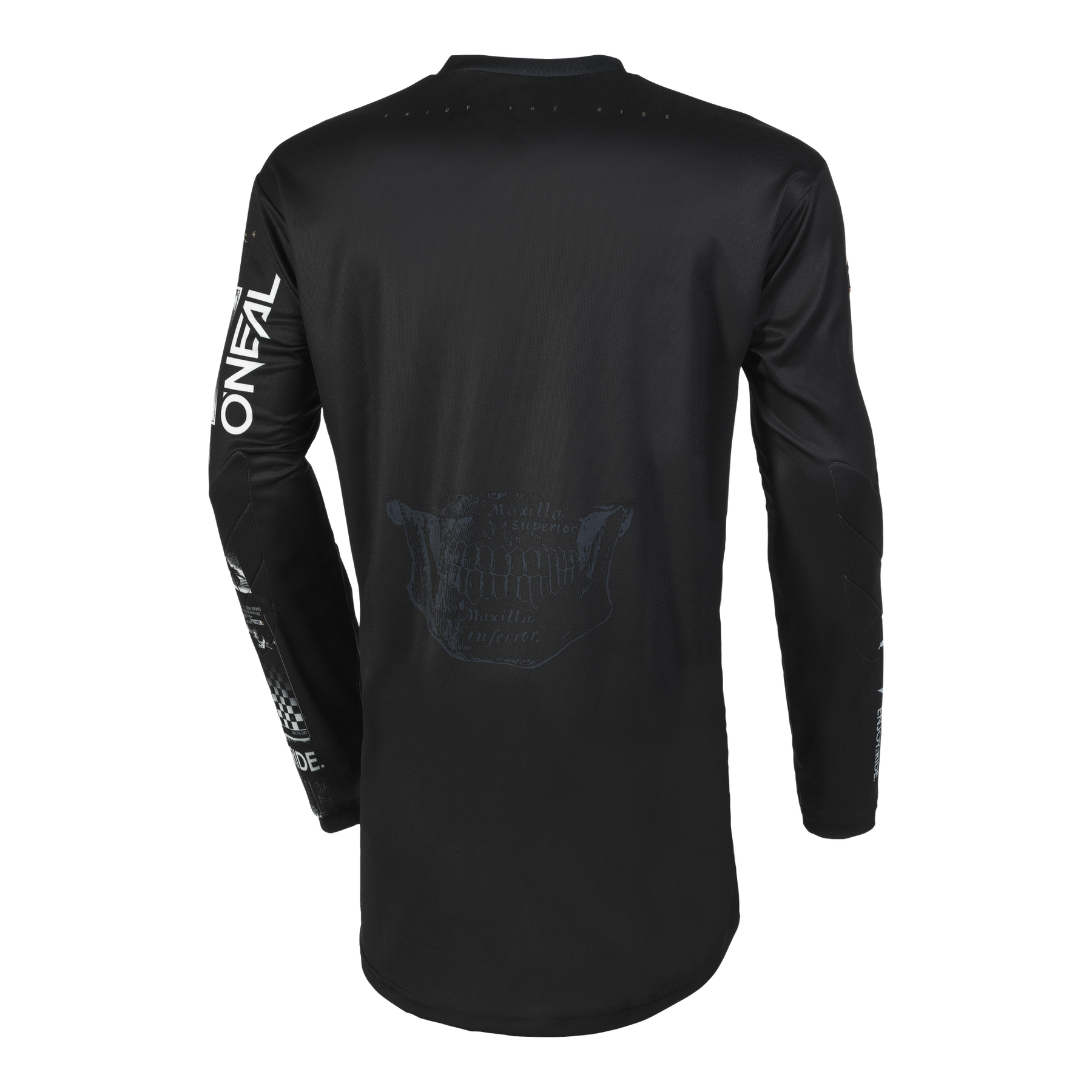 Das O'NEAL Custom Jersey Kinder ATTACK ist ein schwarzes, langärmeliges Sporttrikot mit weißem "ONEAL"-Schriftzug auf dem rechten Ärmel und dezenter O'NEAL-Designgrafik auf dem Rücken und dem linken Ärmel, von hinten gesehen.