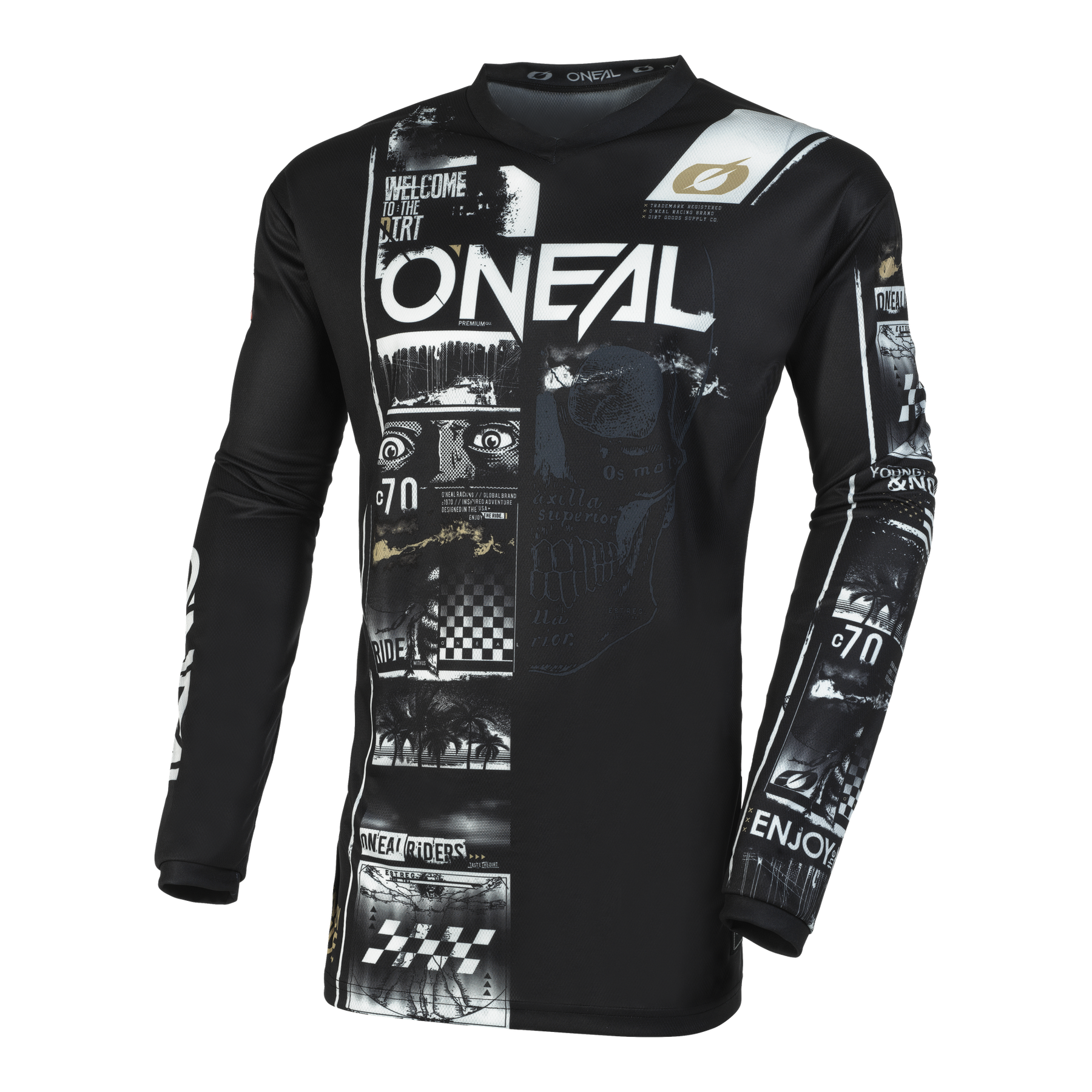 Das O'NEAL Custom Jersey Kinder ATTACK ist ein schwarzes, langärmeliges Motocross-Jugendtrikot mit auffälliger weißer Grafik, O'NEAL-Design und monochromen Mustern auf der Vorderseite, den Ärmeln und den Schultern.