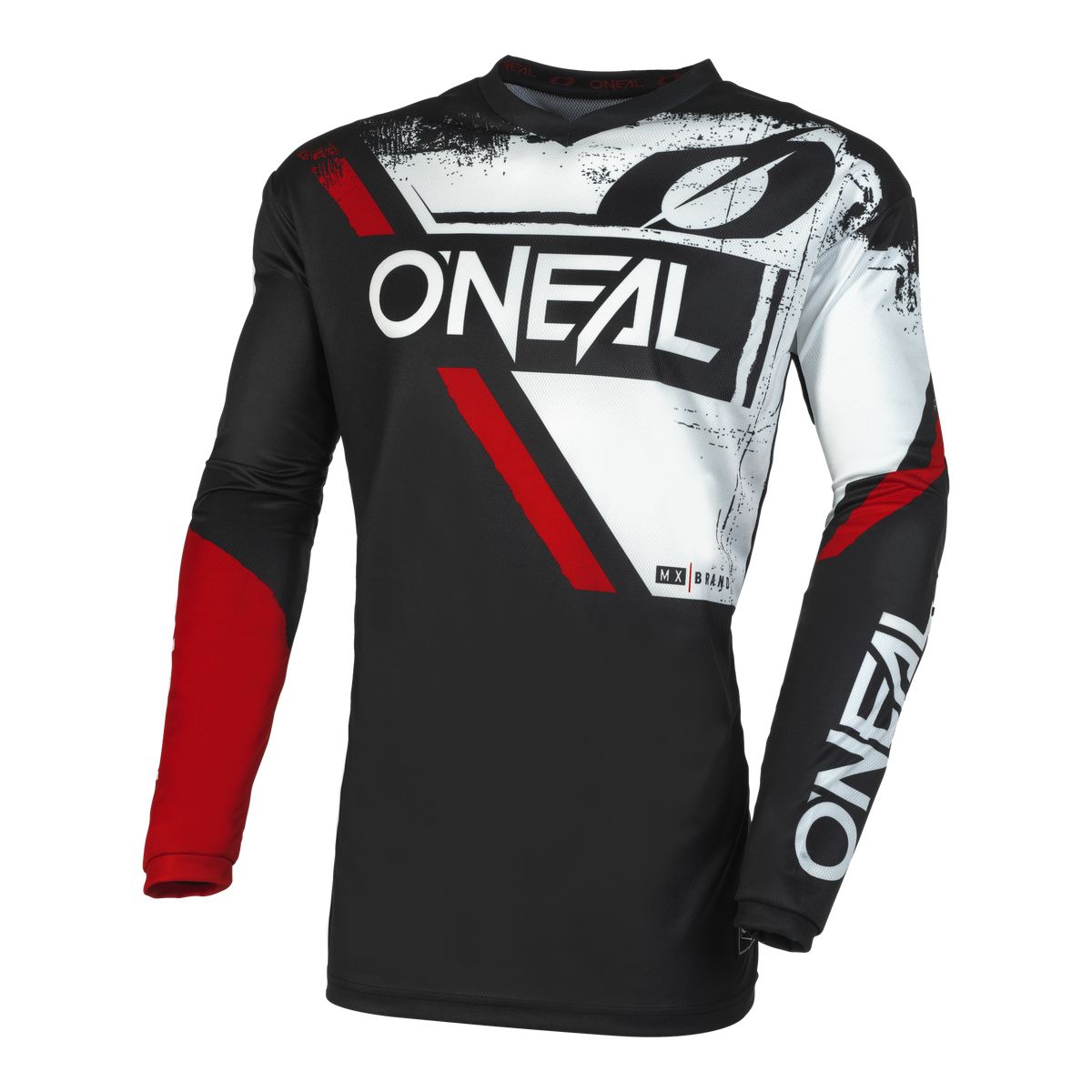Das O'NEAL ELEMENT Jersey SHOCKER ist ein langärmeliges Motocross-Trikot mit atmungsaktivem Material, auffälligen Grafiken in Schwarz, Weiß und Rot sowie dem Aufdruck "O'NEAL" auf Brust und Ärmel für eine perfekte Passform und einen markanten Stil.