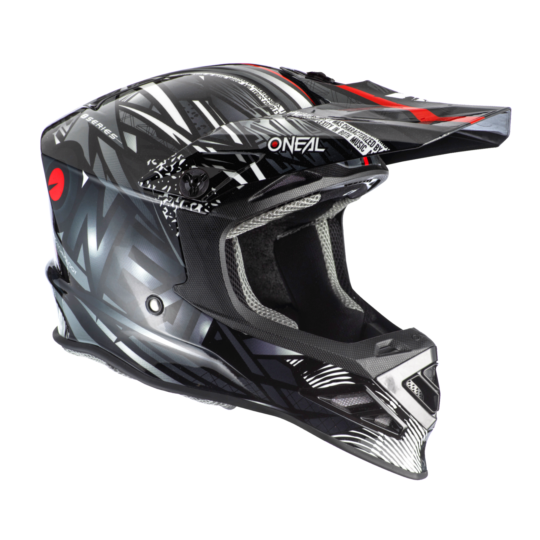 Der O'NEAL F-SRS Helm SYNTHY ist ein schwarzer, weißer und roter Motocross-Helm mit kantigen geometrischen Mustern, einem Visier, einem großen ONEL-Logo an der Seite, Belüftungsöffnungen und einer dicken Polsterung für optimalen Kopfschutz.
