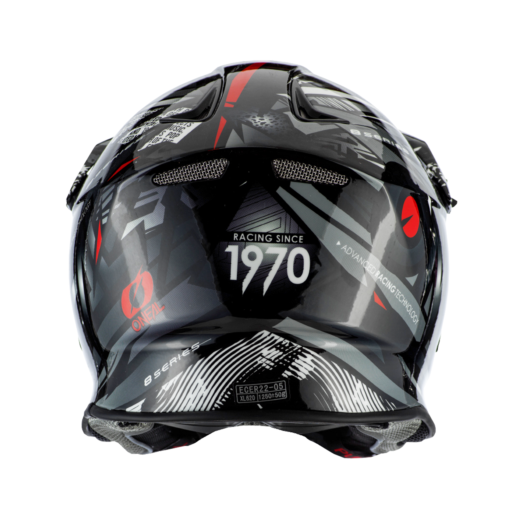 Der O'NEAL F-SRS Helm SYNTHY von O'NEAL ist ein schwarzer Motocross-Helm mit geometrischen Mustern, roten Akzenten und den Aufschriften "Racing Since 1970" und "Advanced Racing Technology". Das O'NEAL-Logo erscheint auf der linken Seite für optimalen Kopfschutz.