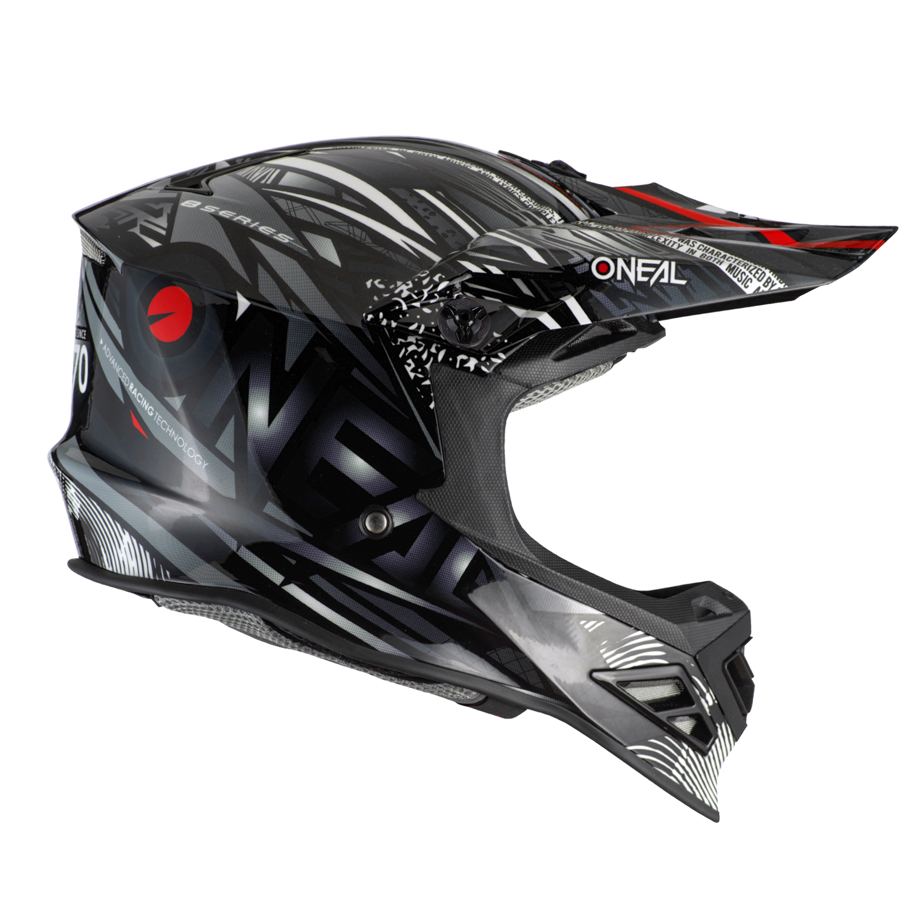 Der O'NEAL F-SRS Helm SYNTHY ist ein schwarz-grauer Motocross-Helm mit weißen und roten Akzenten, aerodynamischem Design und O'NEAL-Logo an der Seite - ein zuverlässiger Kopfschutz für jede Fahrt.