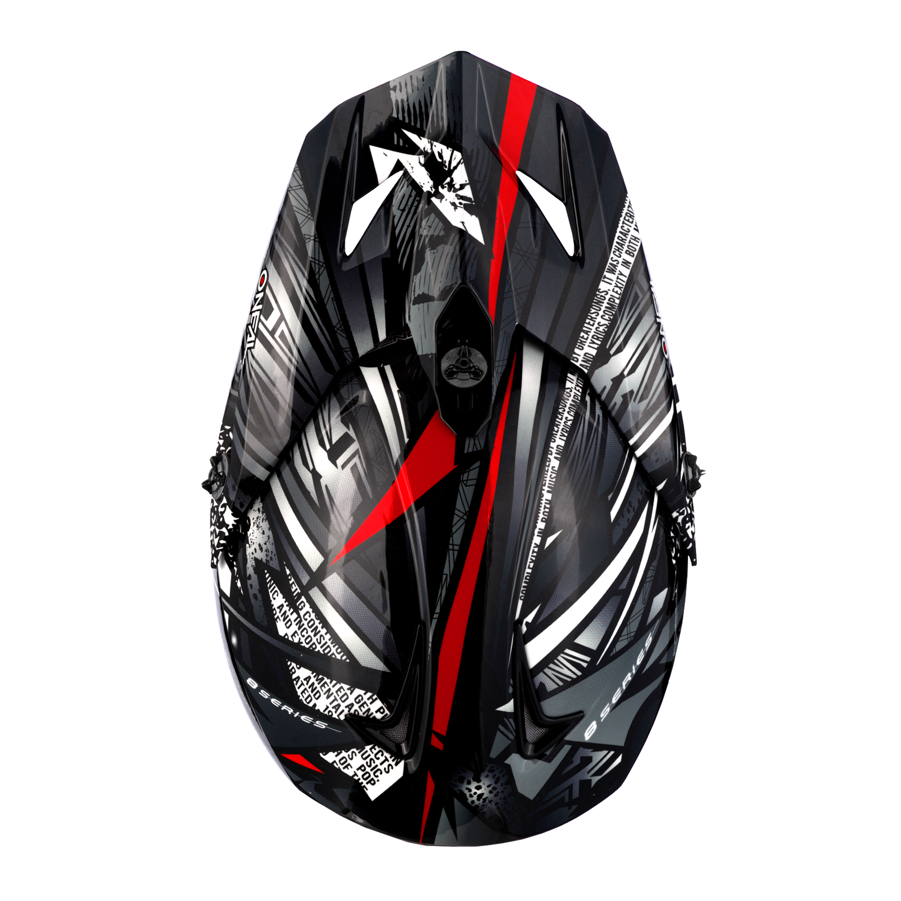 Schwarz-graues Kajak in der Draufsicht mit kantiger weiß-roter Grafik, inspiriert von O'NEAL F-SRS Helm SYNTHY-Designs, mit Fußstützen und einem überdachten Sitzbereich.