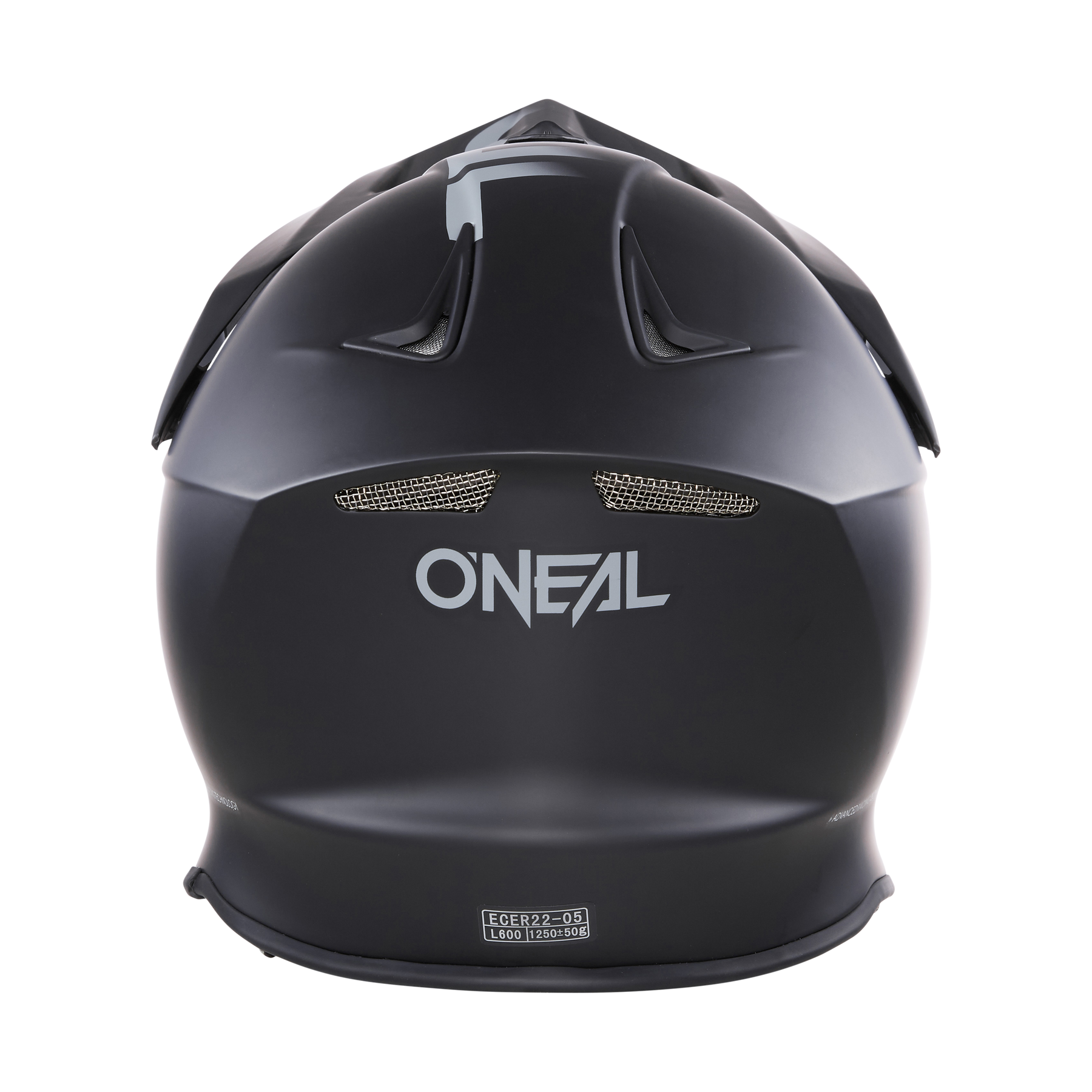 Rückansicht eines glänzend schwarzen O'NEAL F-SRS Helms SOLID mit Belüftungsöffnungen und dem auffälligen weißen O'NEAL-Logo, der bei jeder Fahrt erstklassigen Kopfschutz bietet.