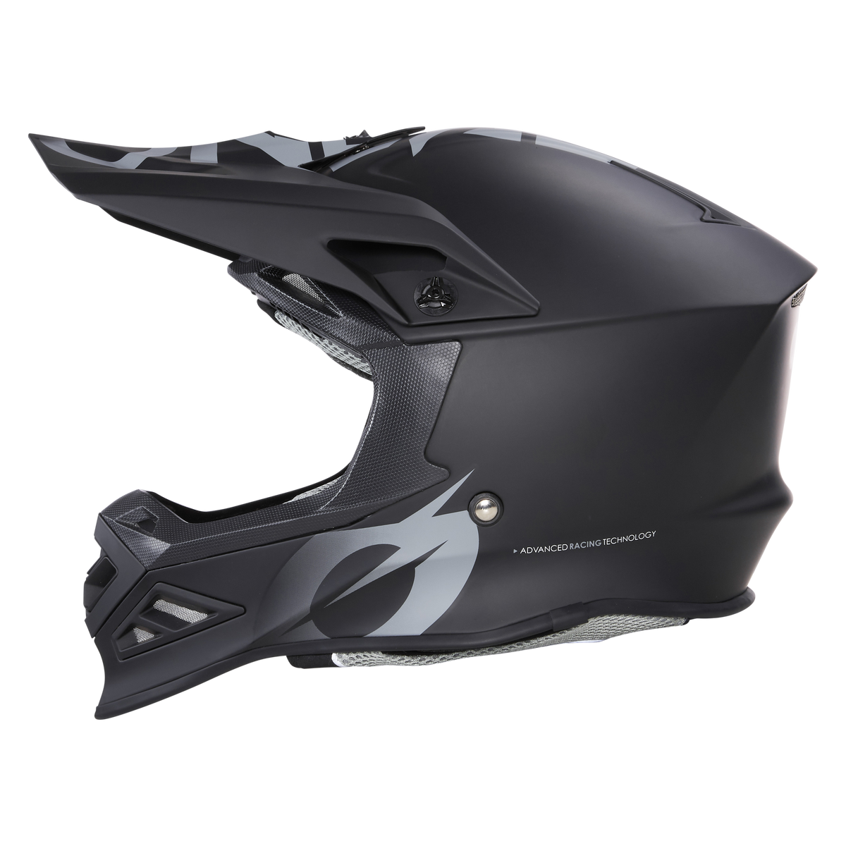 Der O'NEAL F-SRS Helm SOLID Quin ready ist ein mattschwarzer Integralhelm von O'NEAL mit grauen Grafiken, Visier, Kinnschutz, Belüftungsöffnungen und einem aerodynamischen Design für erstklassigen Kopfschutz.