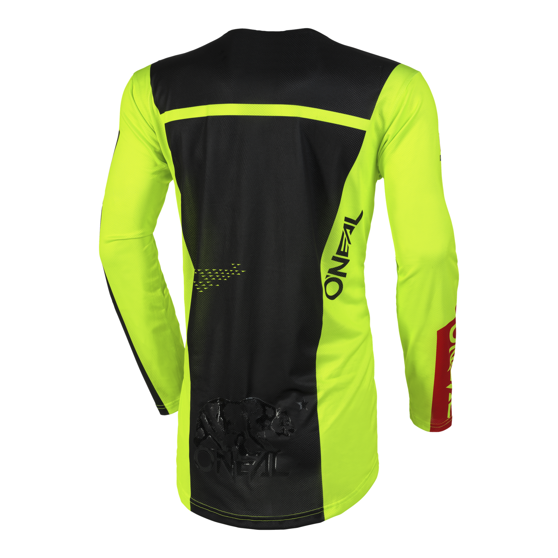 Das O'NEAL HARDWEAR AIR Jersey SLAM ist ein leistungsstarkes, langärmeliges Motocross-Top in Schwarz und leuchtendem Gelb, mit dem Aufdruck "ONEAL" in vertikaler Richtung auf dem Rücken und einem roten Akzent mit weißem Text auf dem linken Ärmel.