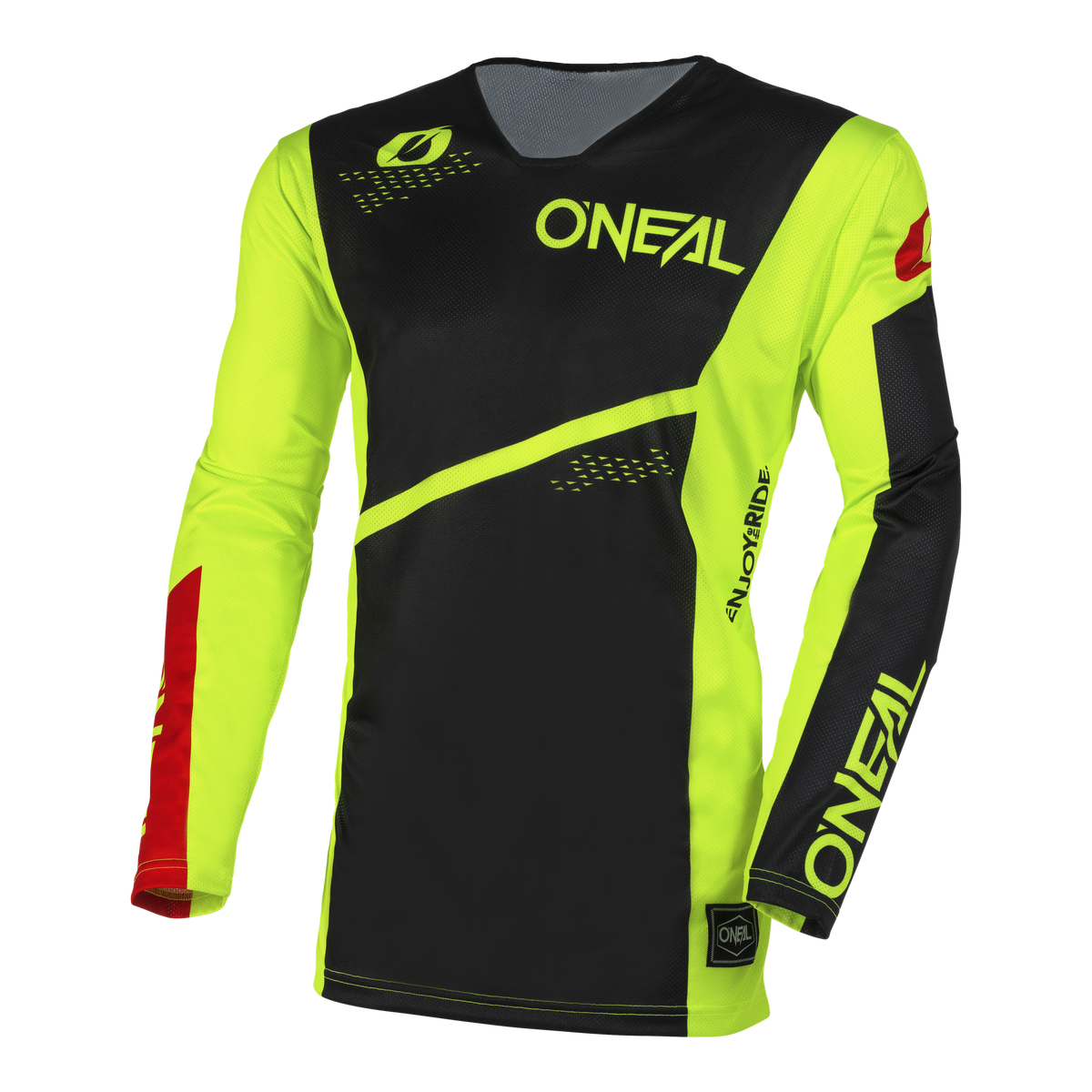 Das O'NEAL HARDWEAR AIR Jersey SLAM in Schwarz und Neongelb mit roten Akzenten verfügt über ein auffälliges O'NEAL-Branding und stilisierte Grafiken - ideal für Ihr nächstes Bike-Abenteuer.
