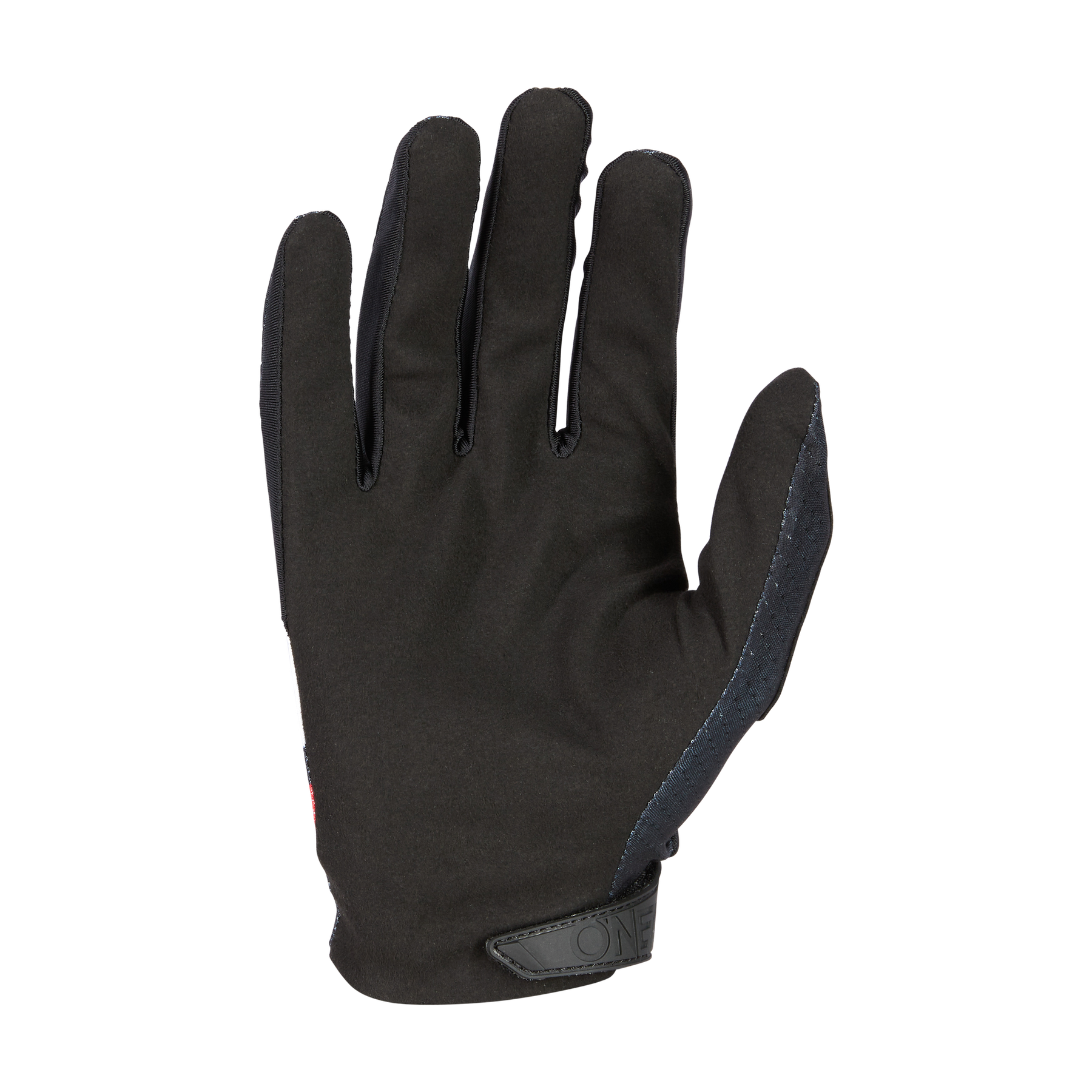 Der O'NEAL MATRIX Handschuh SHOCKER von O'NEAL ist ein schwarzer Mountainbike-Handschuh mit leicht strukturierter Oberfläche, der die Handfläche abgewandt und die Finger ausgestreckt vor einem weißen Hintergrund zeigt.