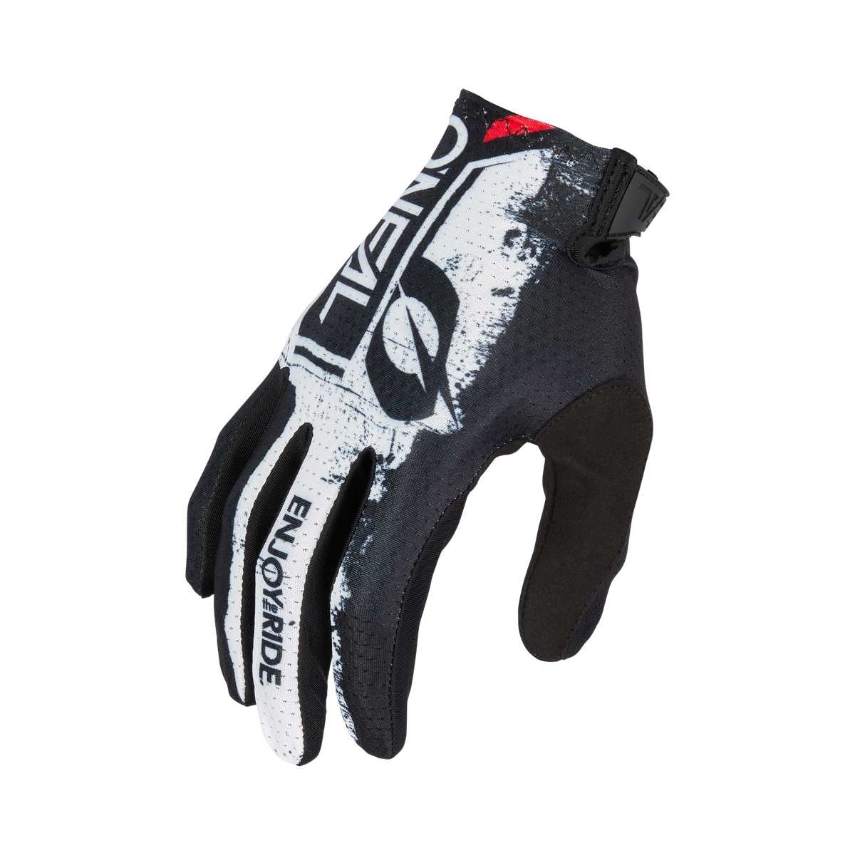 Der O'NEAL MATRIX Handschuh SHOCKER ist ein schwarz-weißer Motocross-Handschuh mit "O'NEAL" und "ENJOY RIDE" auf der Oberseite, auffälligen Grafiken und einer verstellbaren Handschlaufe. Ideal auch als Mountainbike-Handschuh.