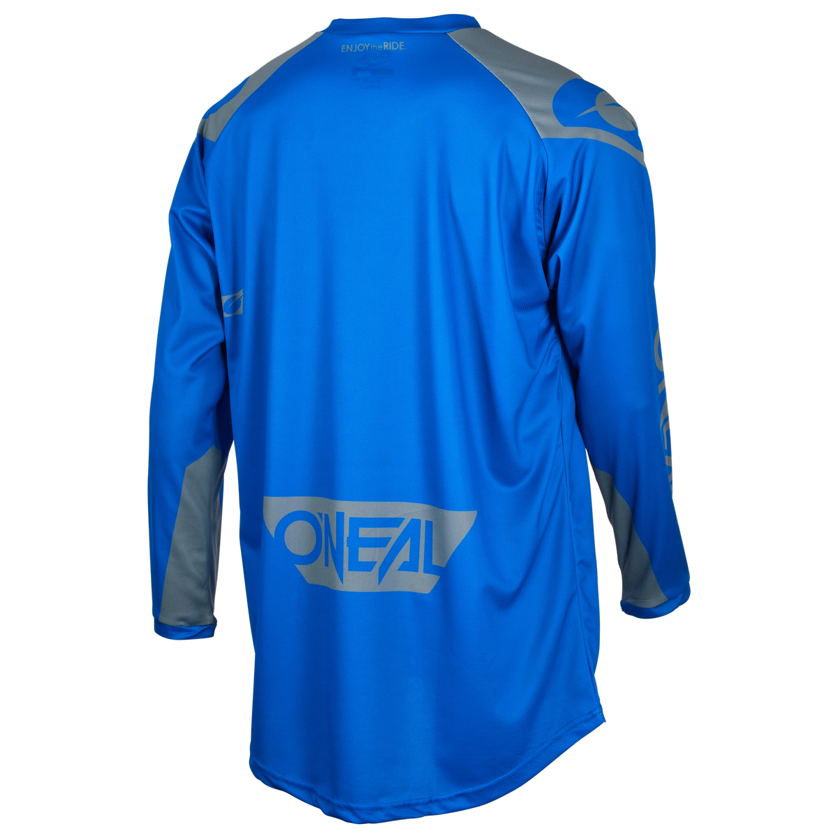 Das O'NEAL MATRIX Jersey RIDEWEAR ist ein blaues, langärmeliges Trikot mit grauen Akzenten und einem auffälligen "O'NEAL"-Logo auf dem unteren Rücken, das für Biker entworfen wurde und von hinten auf einem schwarzen Hintergrund zu sehen ist.