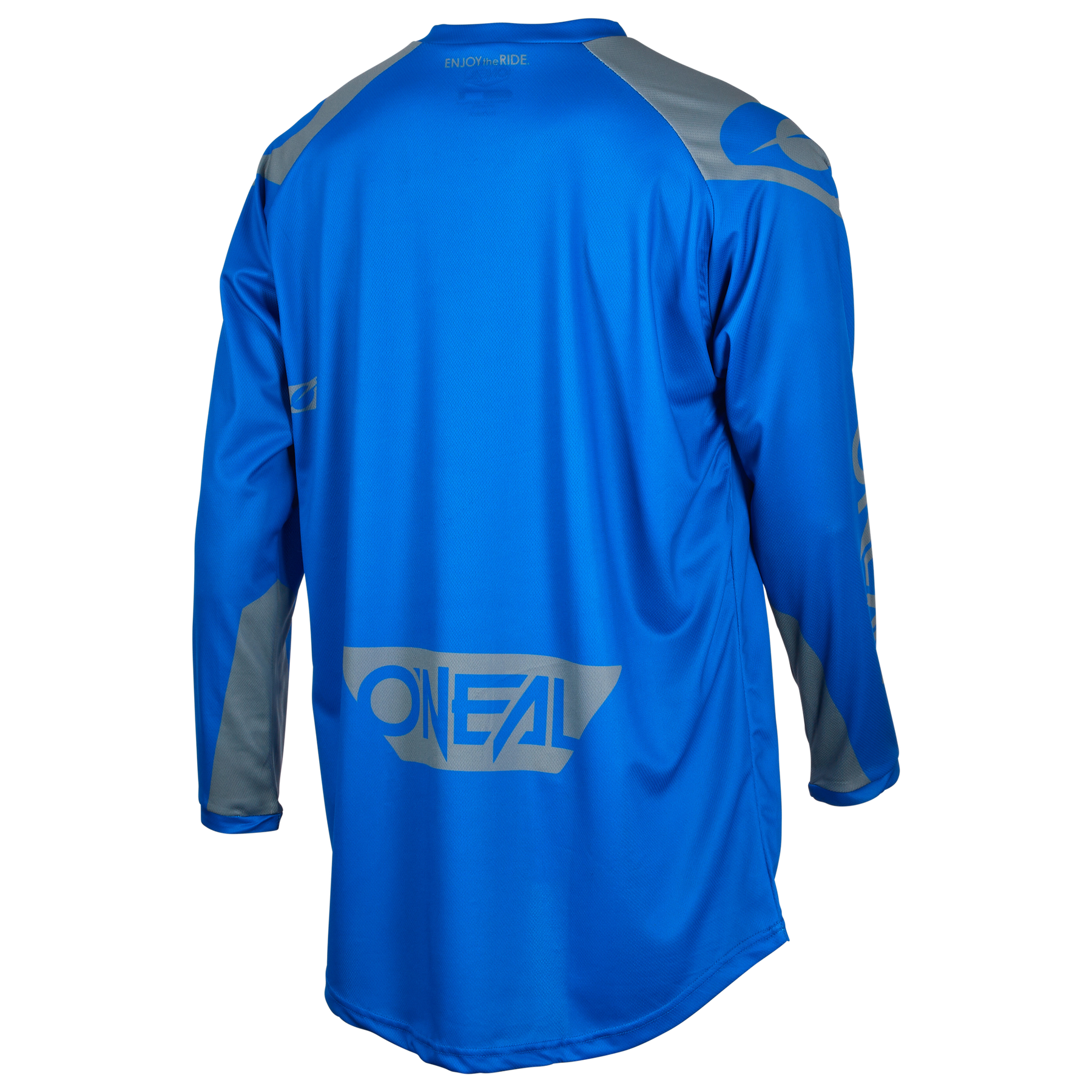 Das O'NEAL MATRIX Jersey RIDEWEAR ist ein blaues, langärmeliges Trikot mit grauen Akzenten und einem auffälligen "O'NEAL"-Logo auf dem unteren Rücken, das für Biker entworfen wurde und von hinten auf einem schwarzen Hintergrund zu sehen ist.