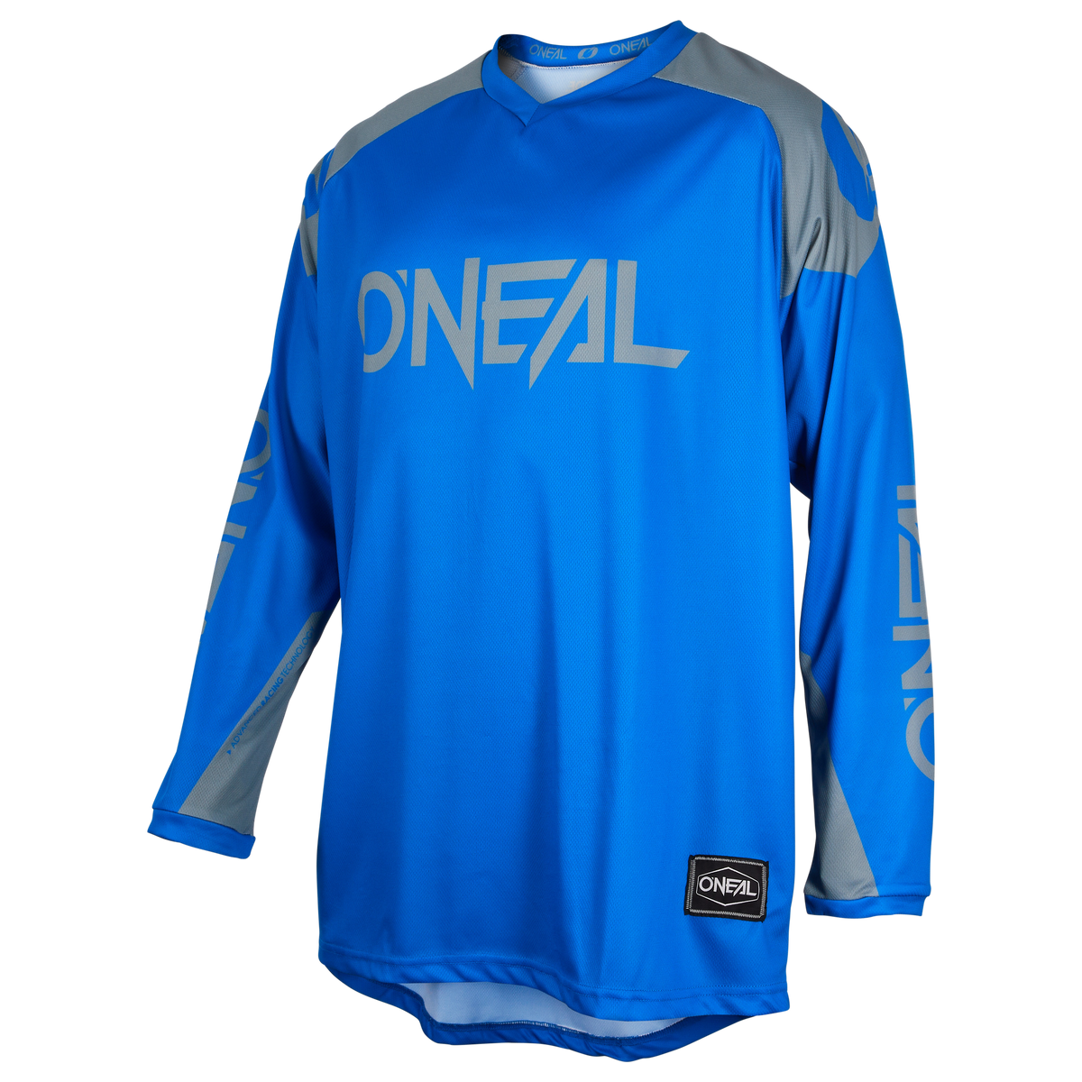 Das O'NEAL MATRIX Jersey RIDEWEAR ist ein langärmeliges blaues Trikot mit grauen Ärmelakzenten und O'NEAL-Logos auf Brust, Kragen und Ärmeln - ideal für Ihre nächste Radtour.