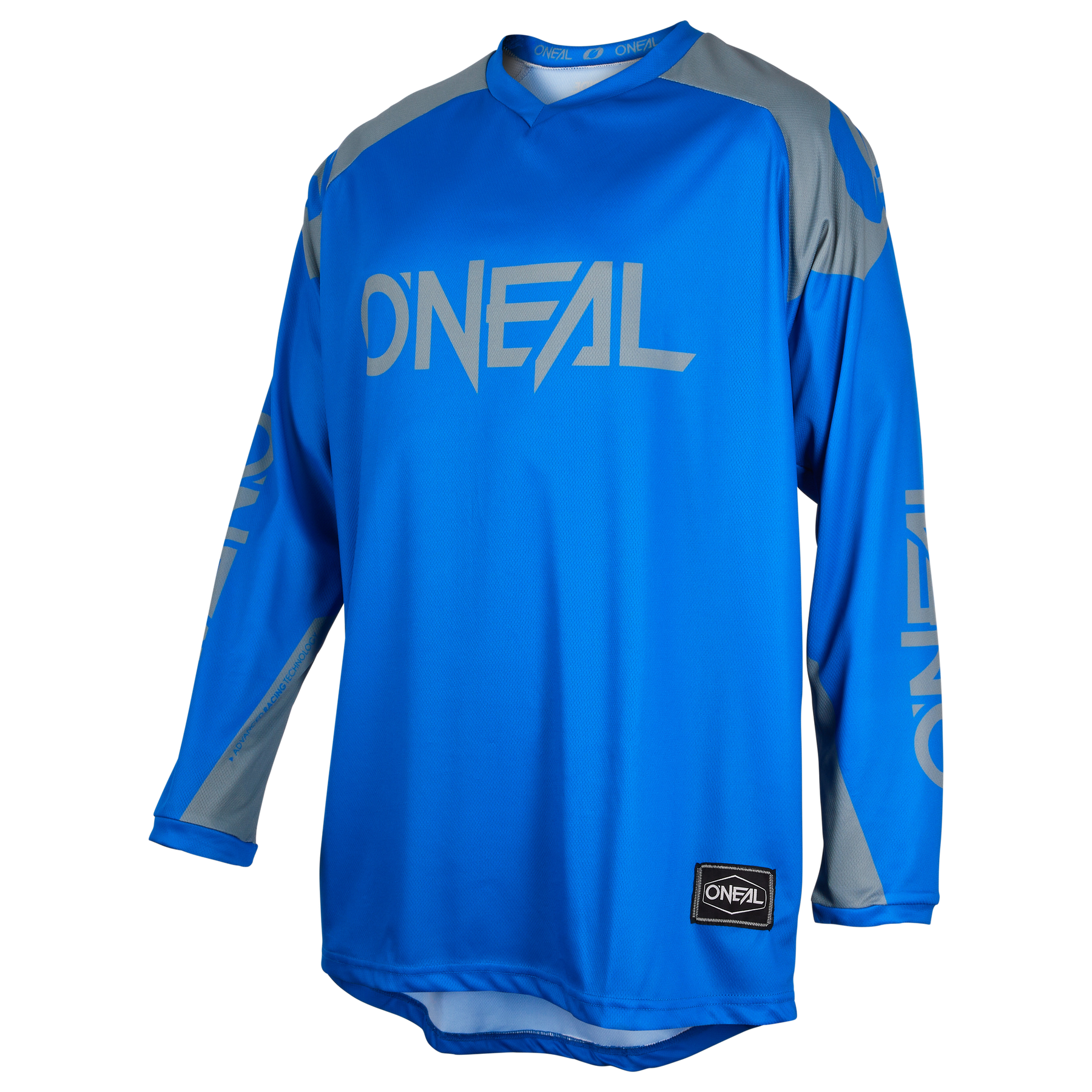 Das O'NEAL MATRIX Jersey RIDEWEAR ist ein langärmeliges blaues Trikot mit grauen Ärmelakzenten und O'NEAL-Logos auf Brust, Kragen und Ärmeln - ideal für Ihre nächste Radtour.