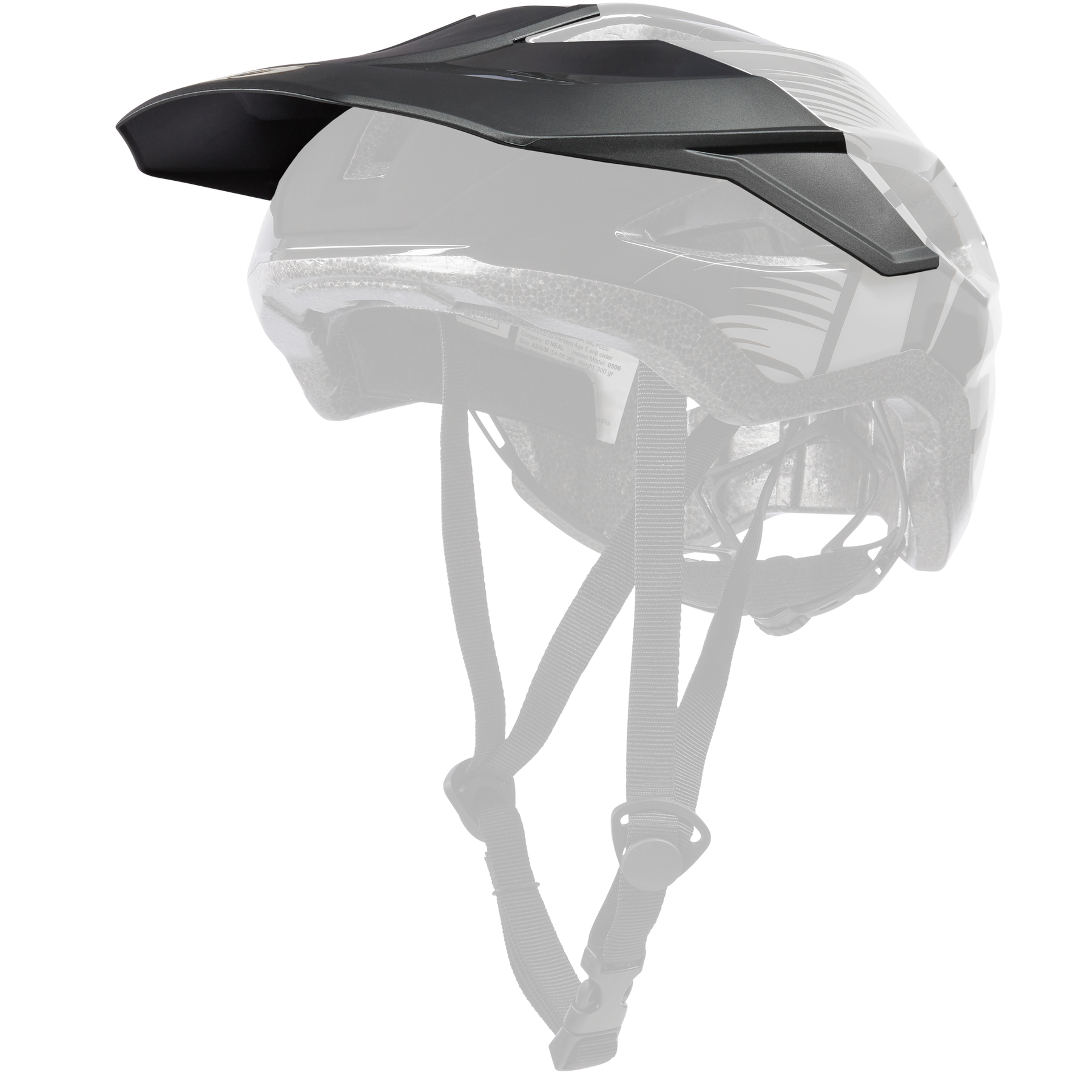 Der O'NEAL VISOR MATRIX Helmet SPLIT von O'NEAL ist ein schwarzer Helm mit Visier, verstellbaren Kinnriemen, glänzender Oberfläche und Lüftungsöffnungen.