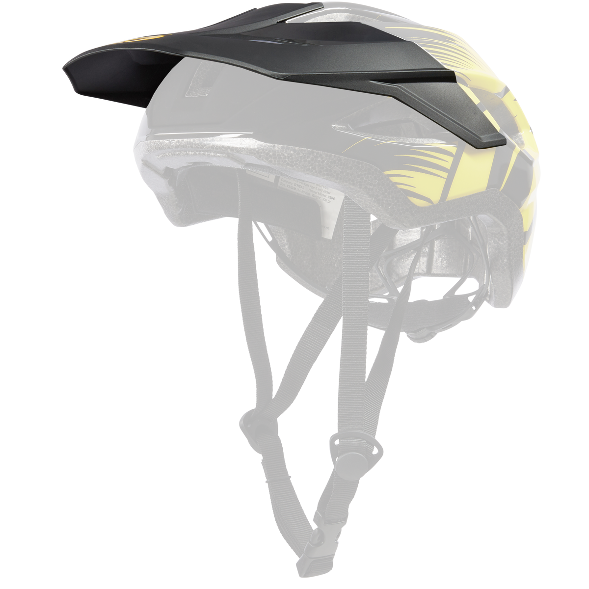 Le casque O'NEAL VISOR MATRIX Helmet SPLIT de O'NEAL est un casque de vélo noir et jaune avec une visière, des lanières réglables et des ouvertures d'aération, représenté en vue latérale sur fond blanc.
