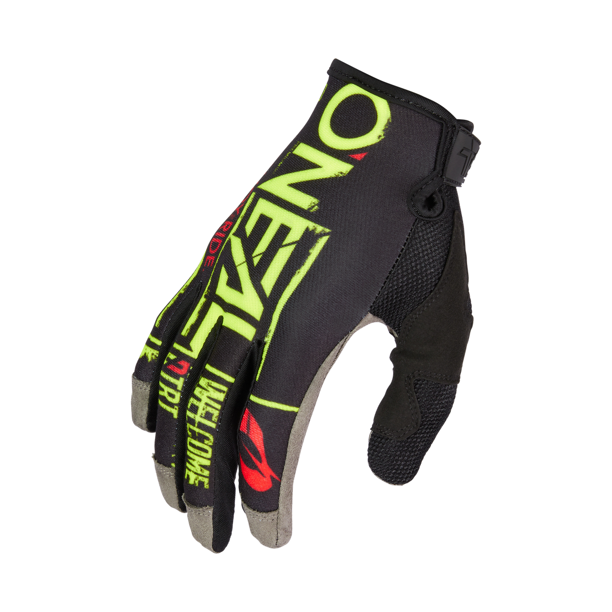 Der O'NEAL MAYHEM Handschuh ATTACK ist ein schwarz-grauer Mountainbike-Handschuh mit neongrüner, roter und weißer O'NEAL-Grafik. Er hat eine robuste Konstruktion, Mesh-Panel, und Klettverschluss am Handgelenk für Komfort und Sicherheit.
