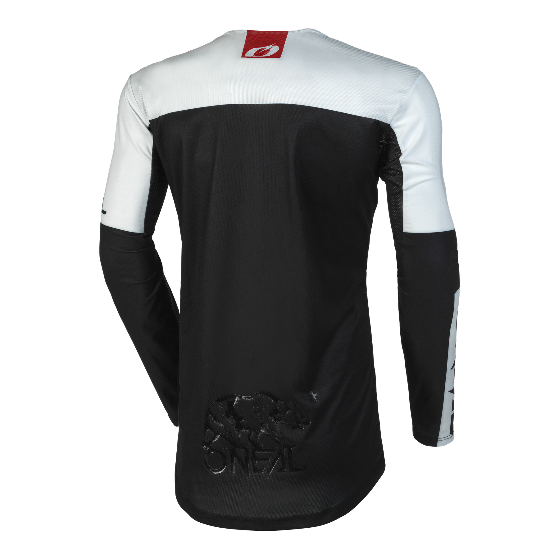 Rückenansicht des O'NEAL MAYHEM Trikots Kinder HEXX: ein langärmeliges schwarz-weißes Jugendtrikot mit rotem Kragenschild, geprägtem O'NEAL-Logo und Nashorn-Grafik auf dem unteren Rücken.