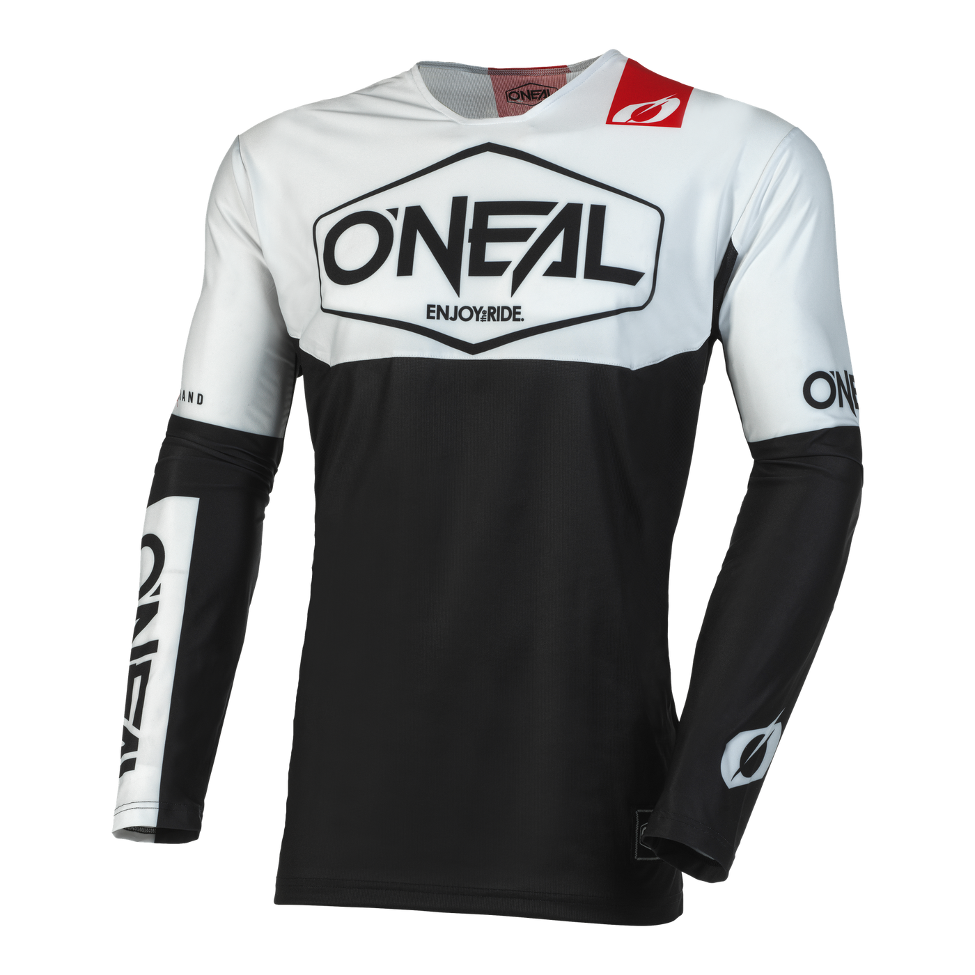Das O'NEAL MAYHEM Jersey Kinder HEXX ist ein schwarz-weißes Langarm-Jugendtrikot mit dem O'NEAL-Logo auf der Brust, dem linken Ärmel und dem rechten Handgelenk sowie einem roten Akzent am rechten Kragen und dem Text "ENJOY RIDE" unter dem Hauptlogo.