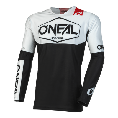 Das O'NEAL MAYHEM Jersey Kinder HEXX ist ein schwarz-weißes Langarm-Jugendtrikot mit dem O'NEAL-Logo auf der Brust, dem linken Ärmel und dem rechten Handgelenk sowie einem roten Akzent am rechten Kragen und dem Text "ENJOY RIDE" unter dem Hauptlogo.