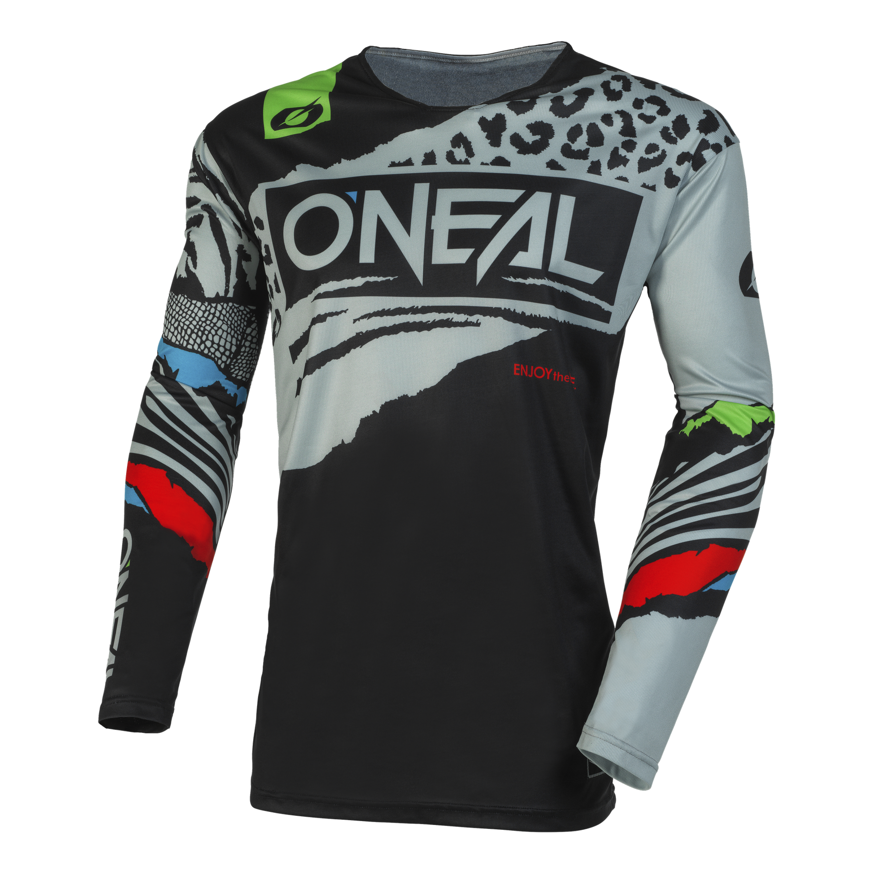 Das O'NEAL MAYHEM Jersey Kinder WILD ist ein leichtes, langärmeliges Motocross-Trikot mit schwarzer, grauer, weißer, roter, blauer und grüner Grafik und dem Schriftzug "O'NEAL" auf der Brust, das für Top-Performance auf dem Motorrad entwickelt wurde.
