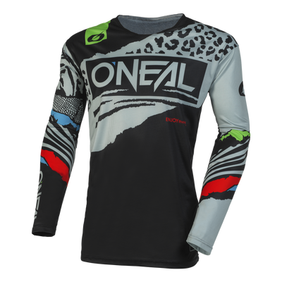 Das O'NEAL MAYHEM Jersey Kinder WILD ist ein leichtes, langärmeliges Motocross-Trikot mit schwarzer, grauer, weißer, roter, blauer und grüner Grafik und dem Schriftzug "O'NEAL" auf der Brust, das für Top-Performance auf dem Motorrad entwickelt wurde.