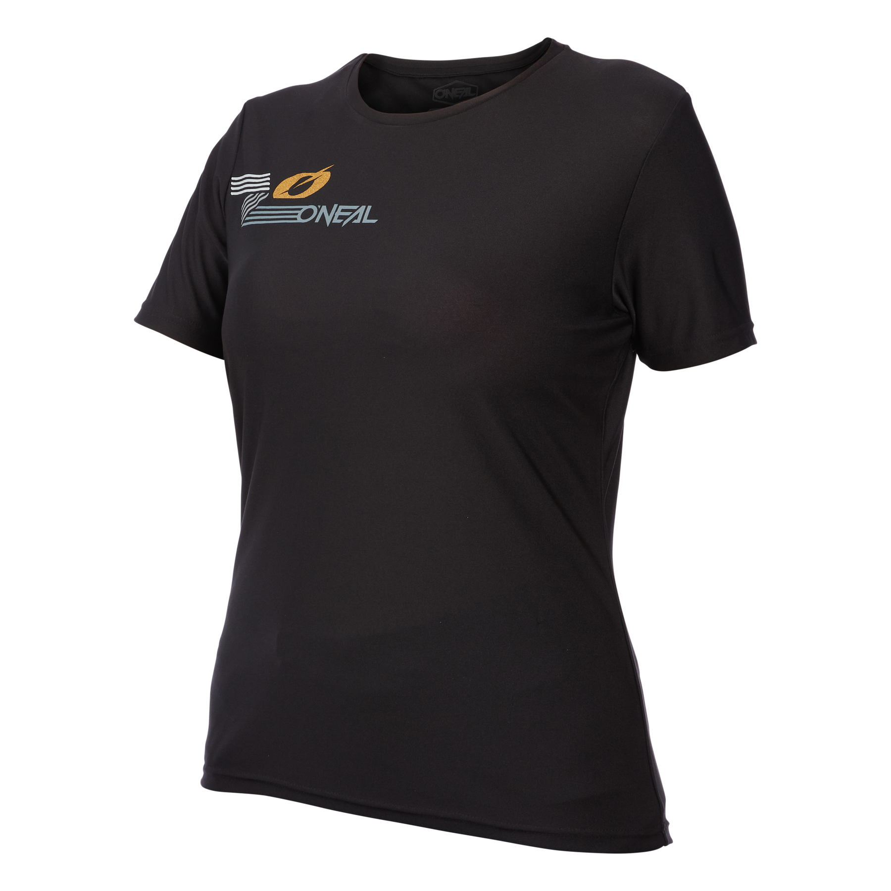 Das O'NEAL SLICKROCK Damen-MTB-Trikot ist ein schwarzes Kurzarmtrikot mit dem O'Neal-Logo und einer gelben Grafik auf der linken oberen Brustseite, das Komfort und Qualität für Ihre Fahrt bietet.