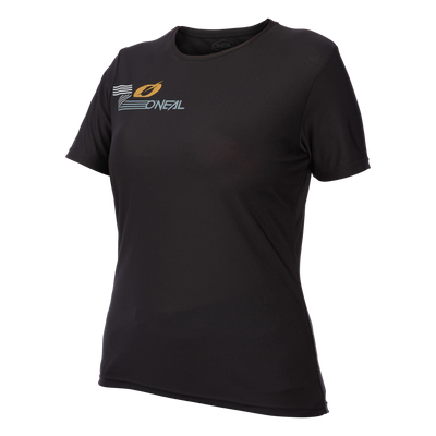Das O'NEAL SLICKROCK Damen-MTB-Trikot ist ein schwarzes Kurzarmtrikot mit dem O'Neal-Logo und einer gelben Grafik auf der linken oberen Brustseite, das Komfort und Qualität für Ihre Fahrt bietet.