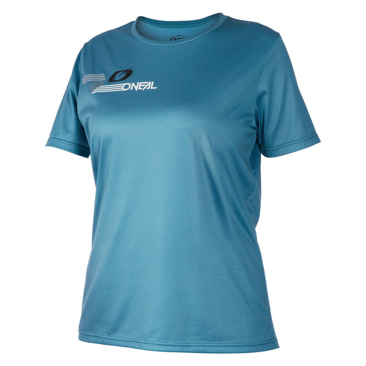 Das O'NEAL SLICKROCK Damen-MTB-Trikot ist ein blaugrünes Kurzarmtrikot mit dem O'Neal-Logo und einer weißen Grafik auf der Brust, die die O'NEAL-Qualität auf weißem Hintergrund hervorhebt.