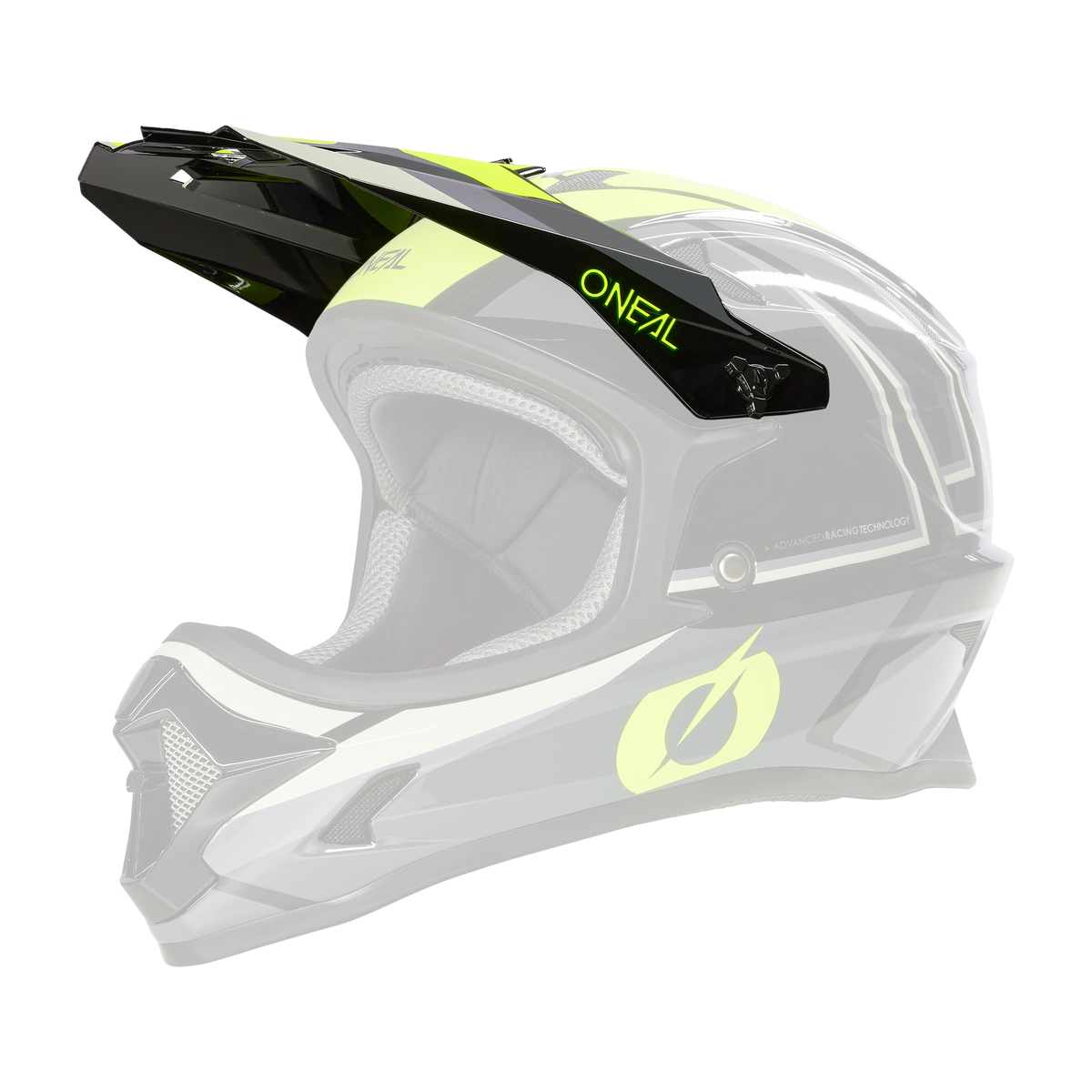 Der O'NEAL Visor SONUS Helmet SPLIT ist ein schwarz-grauer Fullface-Motocross-Helm mit neongelben Akzenten, einem Visier, Belüftungsöffnungen, Innenpolsterung und dem O'NEAL-Logo an der Seite.