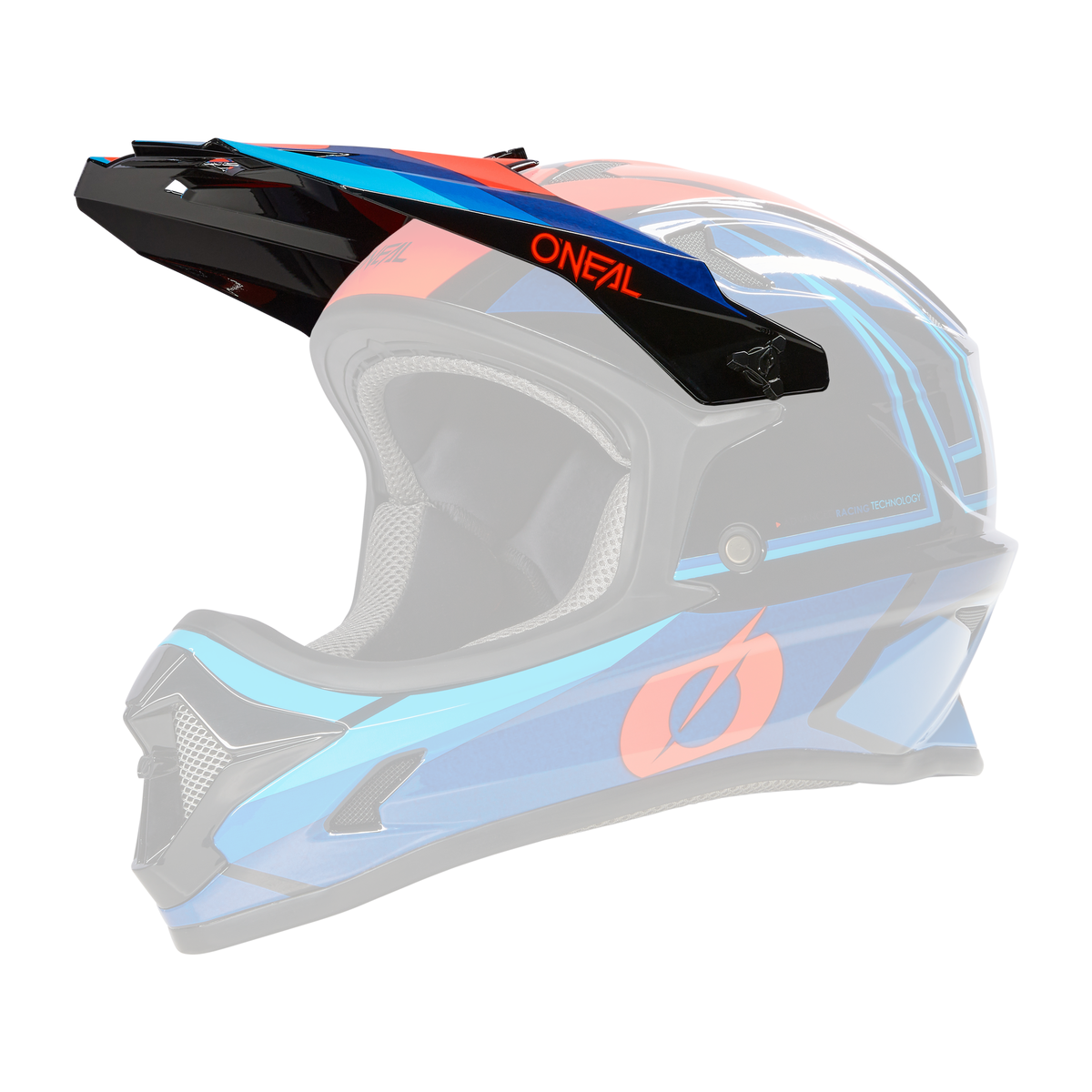 Der O'NEAL Visor SONUS Helmet SPLIT ist ein Fullface-Motocross-Helm mit schwarzer Basis, blauen und roten Akzenten, dem O'NEAL-Markennamen an der Seite, einem großen Visier und gepolsterter Innenausstattung.