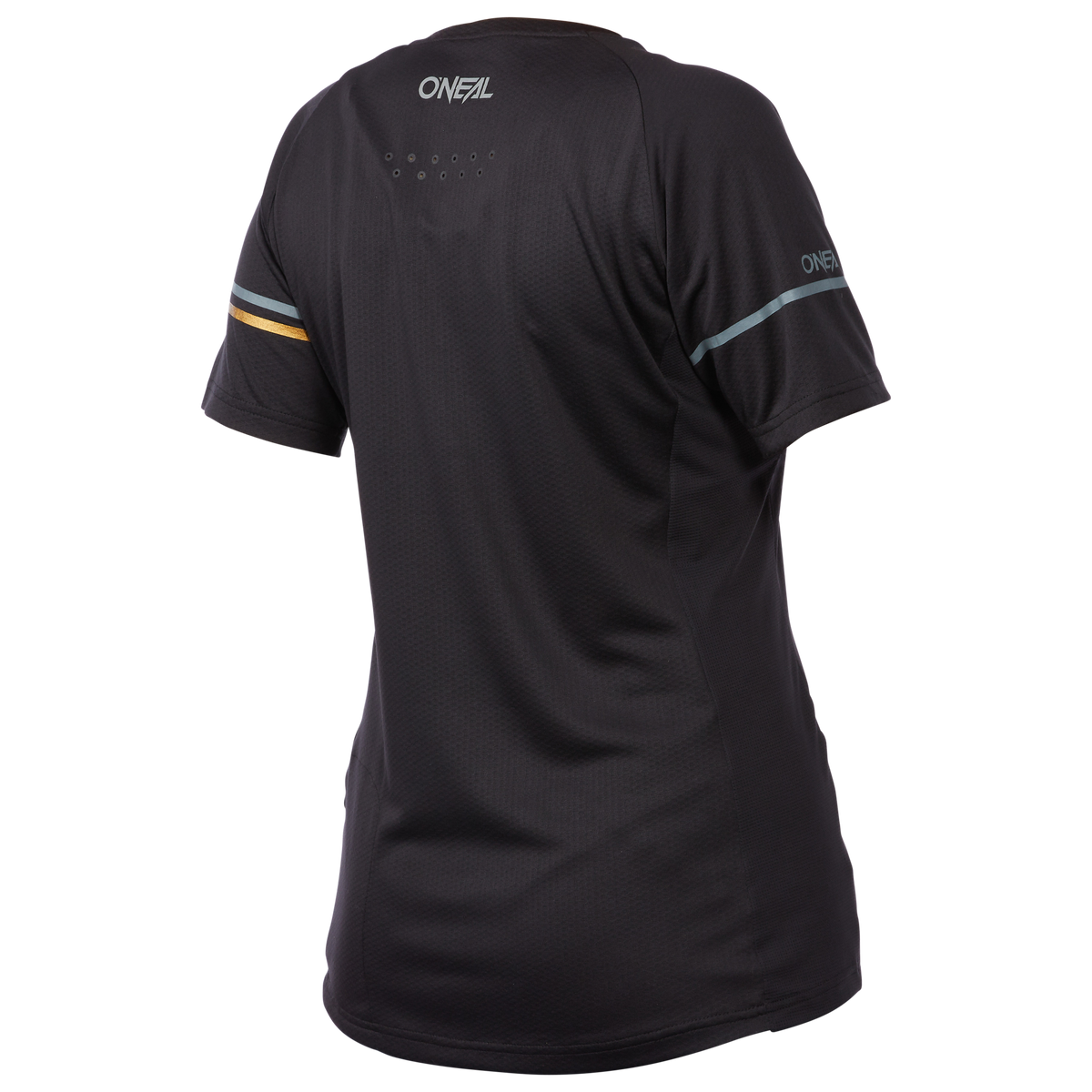 Das O'NEAL SOUL Women's Jersey ist ein schwarzes Kurzarm-MTB-Trikot mit dezenten gepunkteten Akzenten, gelben und blauen Streifen auf jedem Ärmel und dem O'NEAL-Logo - perfekt für Ihre nächste Fahrradtour.