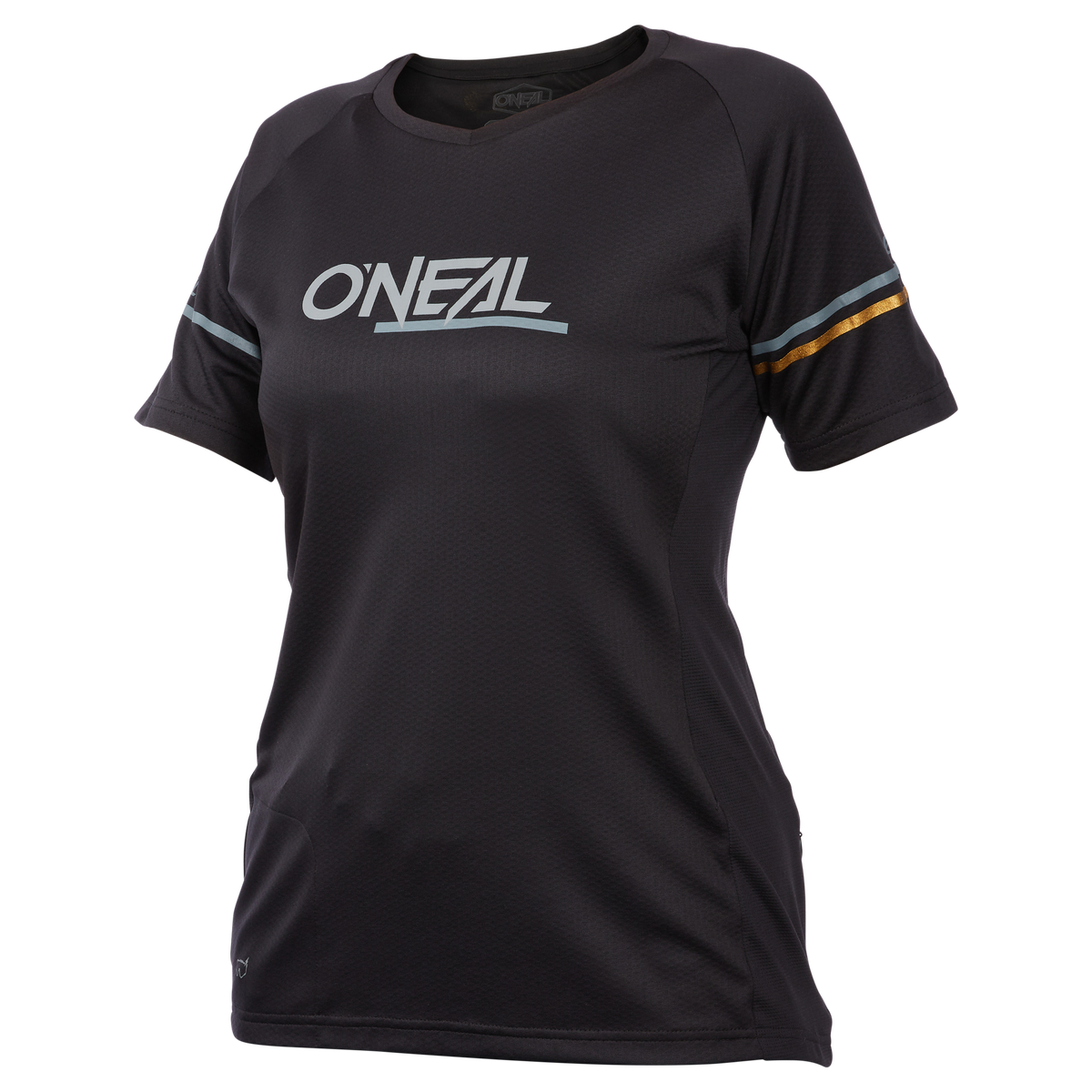 Das O'NEAL SOUL Women's Jersey ist ein schwarzes, kurzärmeliges MTB-Trikot mit dem Schriftzug "O'NEAL" auf der Brust, hellblauen Akzenten und einem goldenen Streifen an den Ärmeln. Es hat einen V-Ausschnitt für Komfort und Stil.