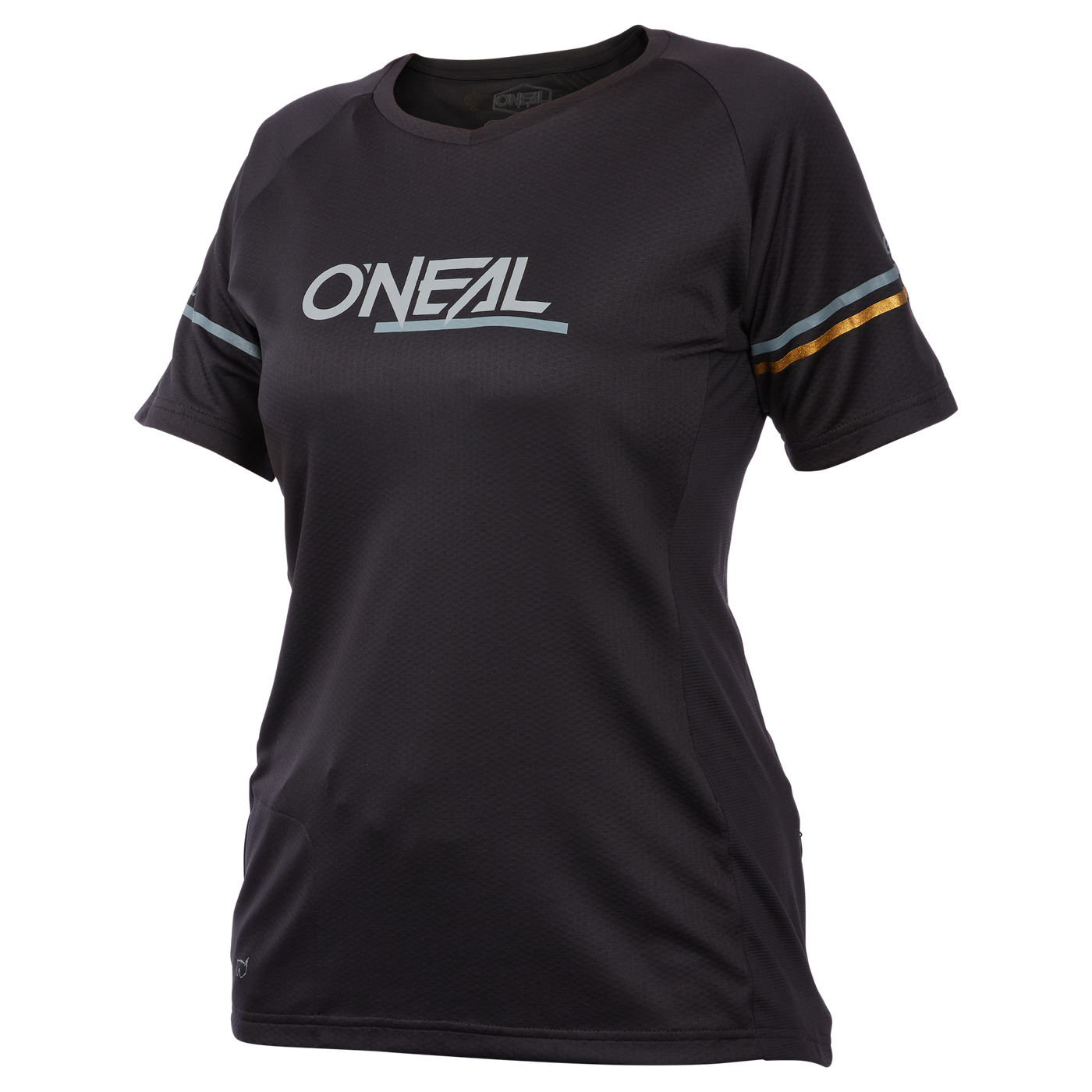 Das O'NEAL SOUL Women's Jersey ist ein schwarzes, kurzärmeliges MTB-Trikot mit dem Schriftzug "O'NEAL" auf der Brust, hellblauen Akzenten und einem goldenen Streifen an den Ärmeln. Es hat einen V-Ausschnitt für Komfort und Stil.