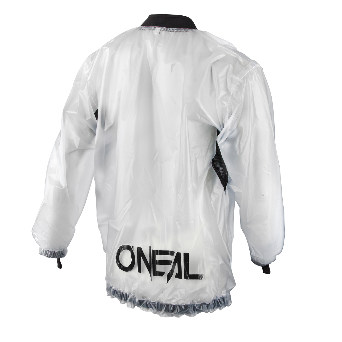 Die O'NEAL SPLASH Regenjacke ist eine durchsichtige, langärmelige Regenjacke von O'NEAL mit elastischen Bündchen und Bund. Auf dem Rücken ist in fetten schwarzen Buchstaben "O'NEAL" vor einem schlichten weißen Hintergrund aufgedruckt.